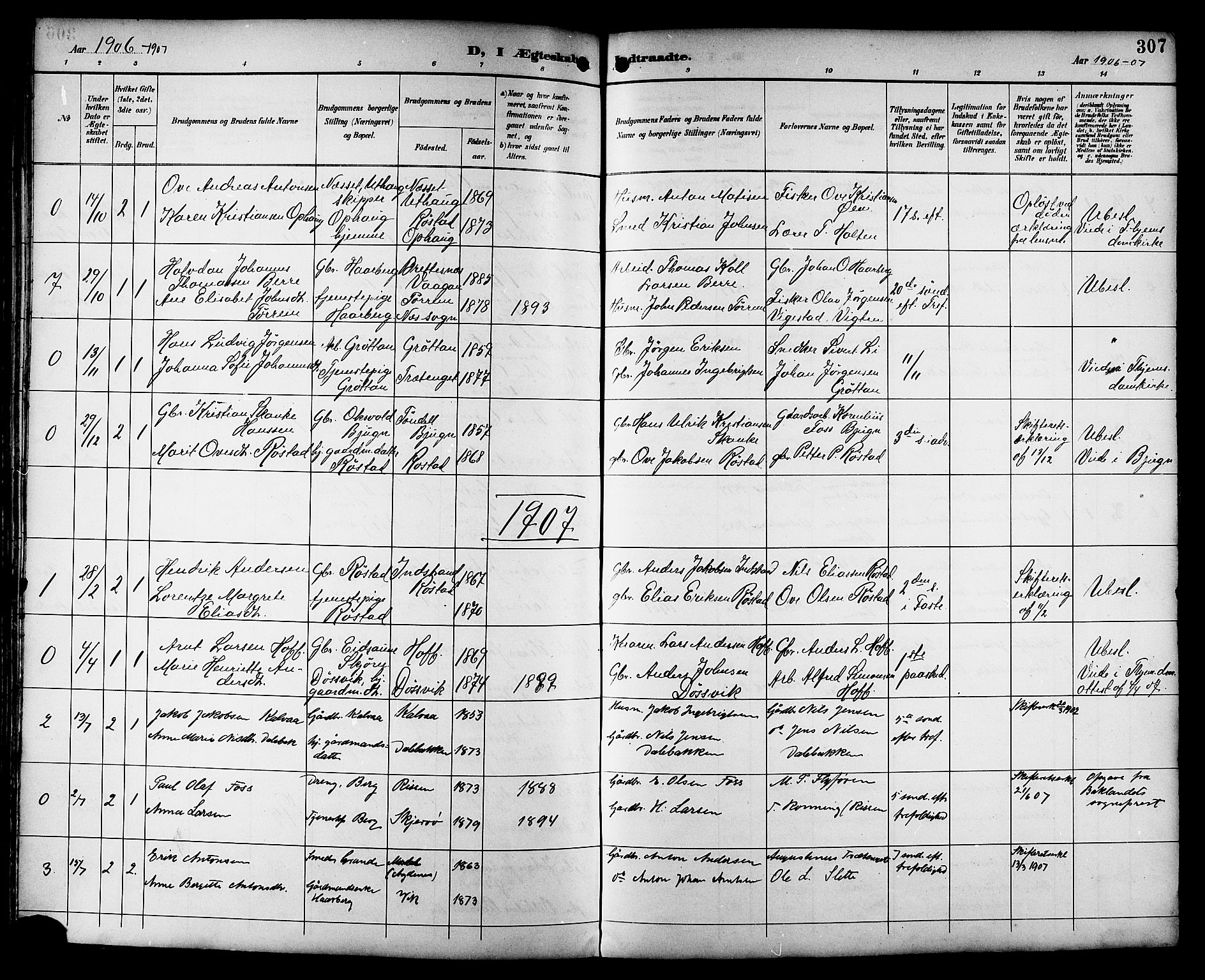 Ministerialprotokoller, klokkerbøker og fødselsregistre - Sør-Trøndelag, SAT/A-1456/659/L0746: Parish register (copy) no. 659C03, 1893-1912, p. 307