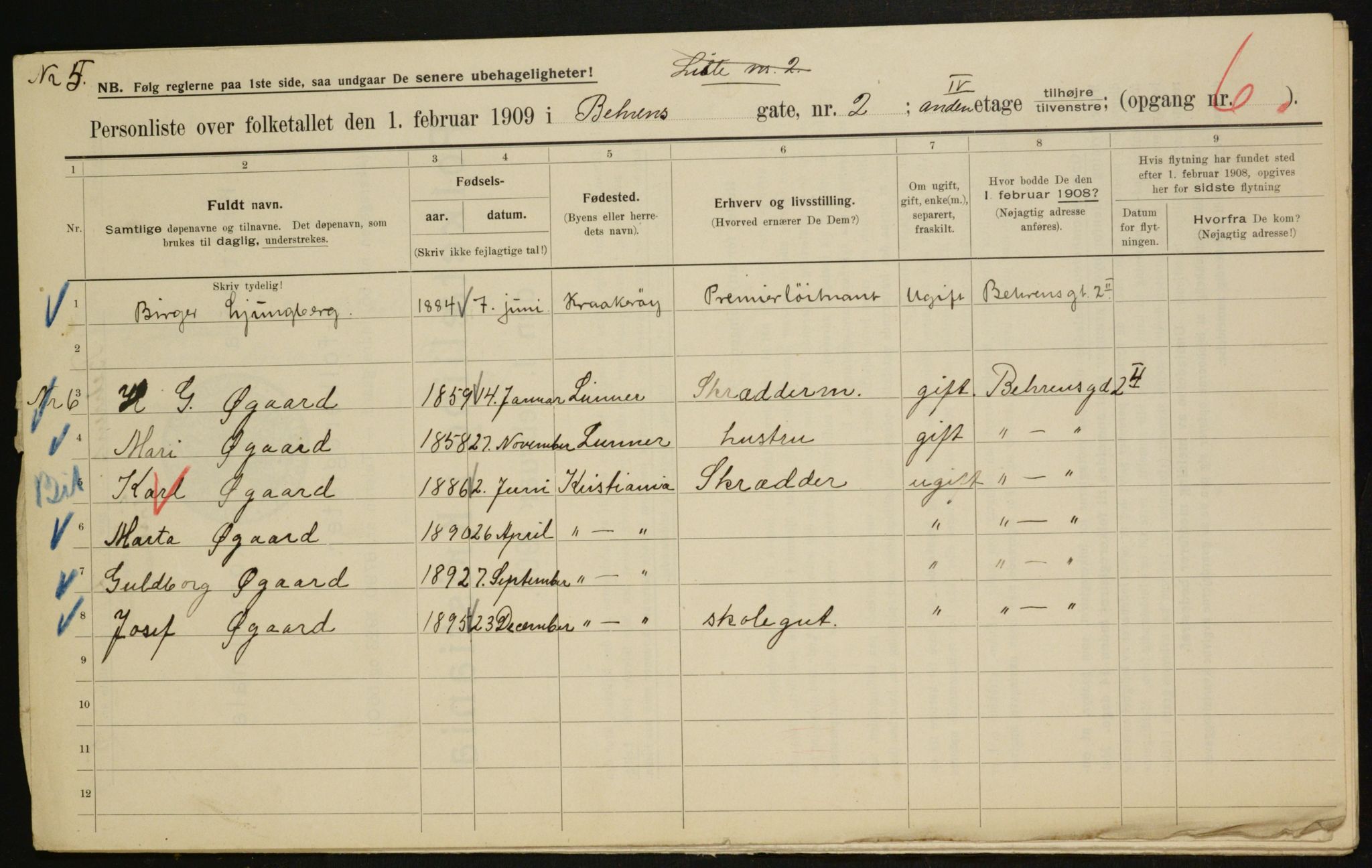 OBA, Municipal Census 1909 for Kristiania, 1909, p. 3134