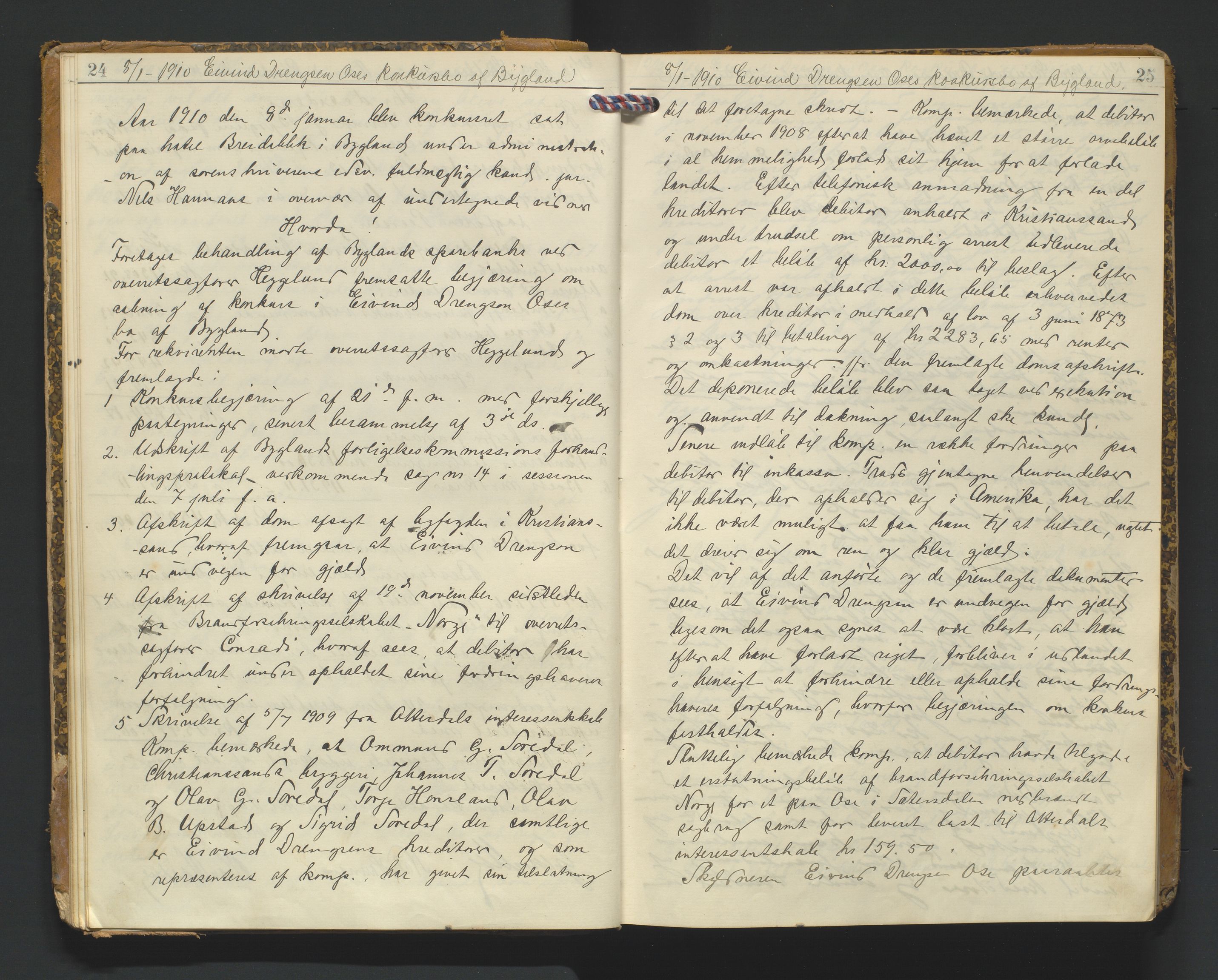 Setesdal sorenskriveri, AV/SAK-1221-0011/H/Hc/L0039: Skifteforhandlingsprotokoll nr 11, 1909-1920, p. 24-25