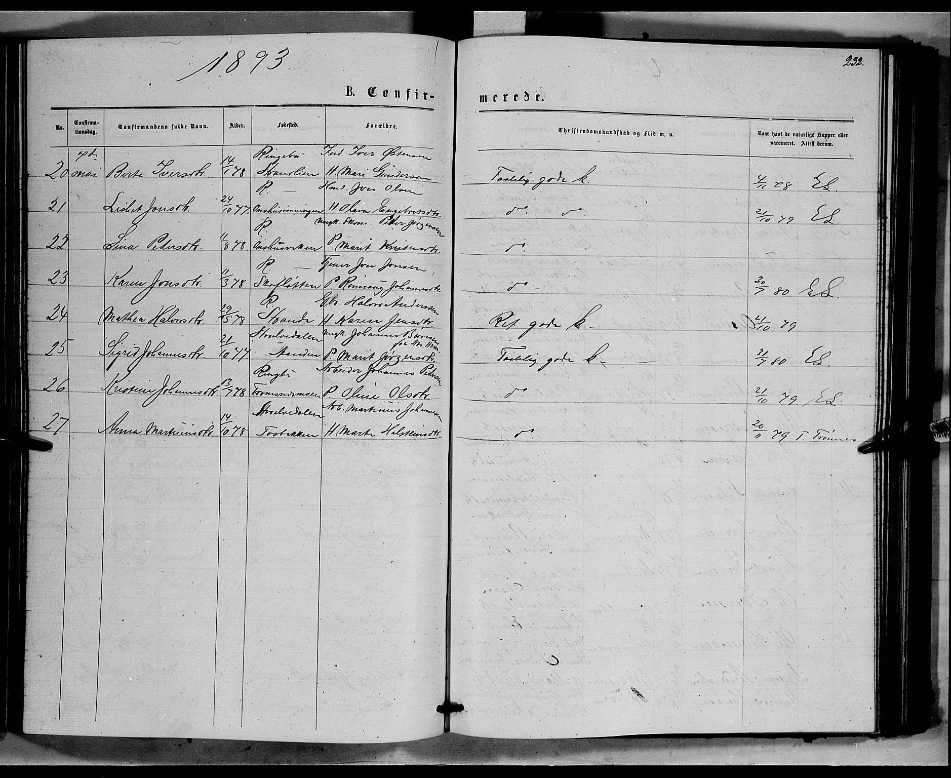 Ringebu prestekontor, SAH/PREST-082/H/Ha/Hab/L0006: Parish register (copy) no. 6, 1880-1898, p. 232