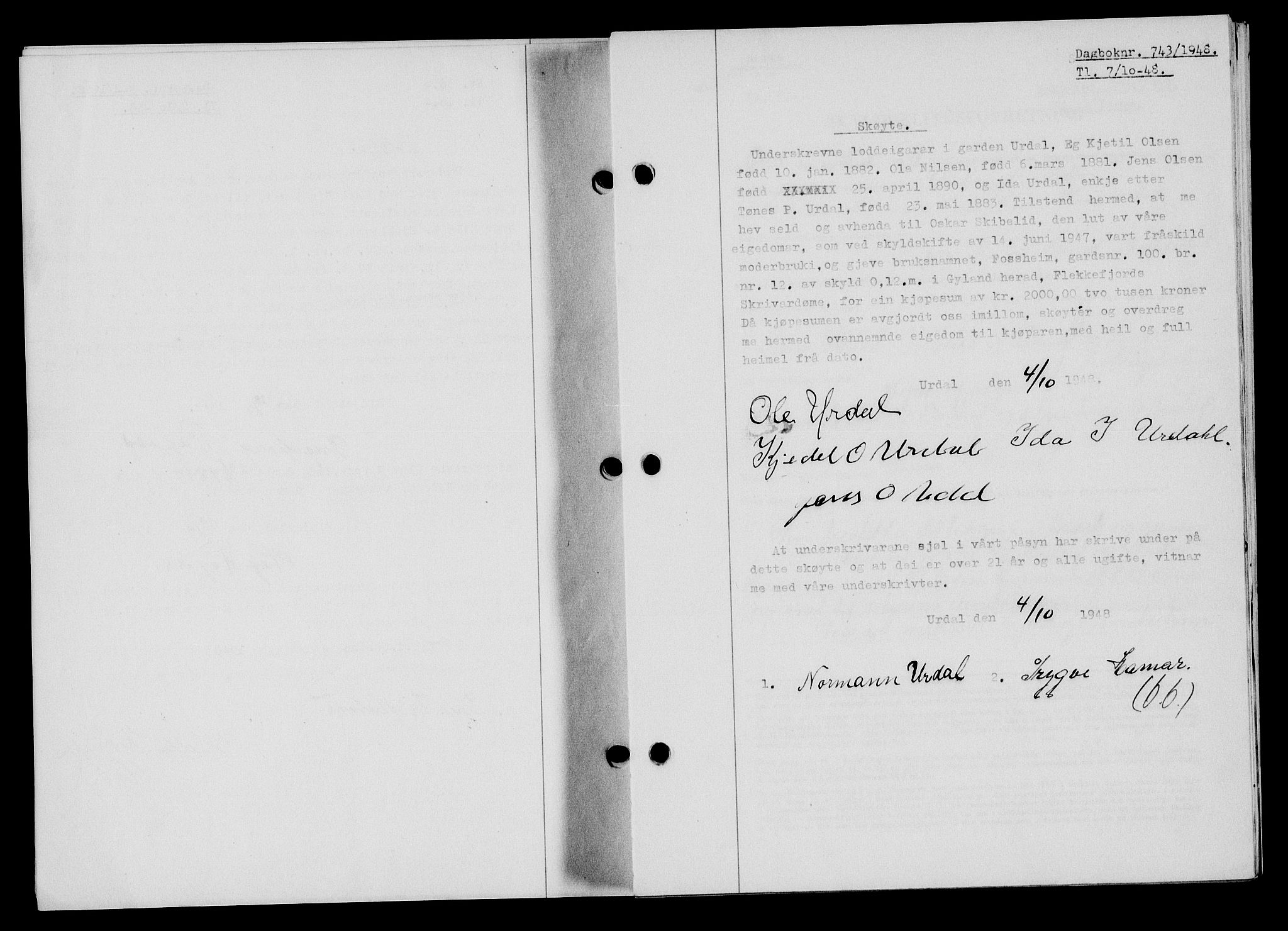 Flekkefjord sorenskriveri, SAK/1221-0001/G/Gb/Gba/L0064: Mortgage book no. A-12, 1948-1949, Diary no: : 743/1948