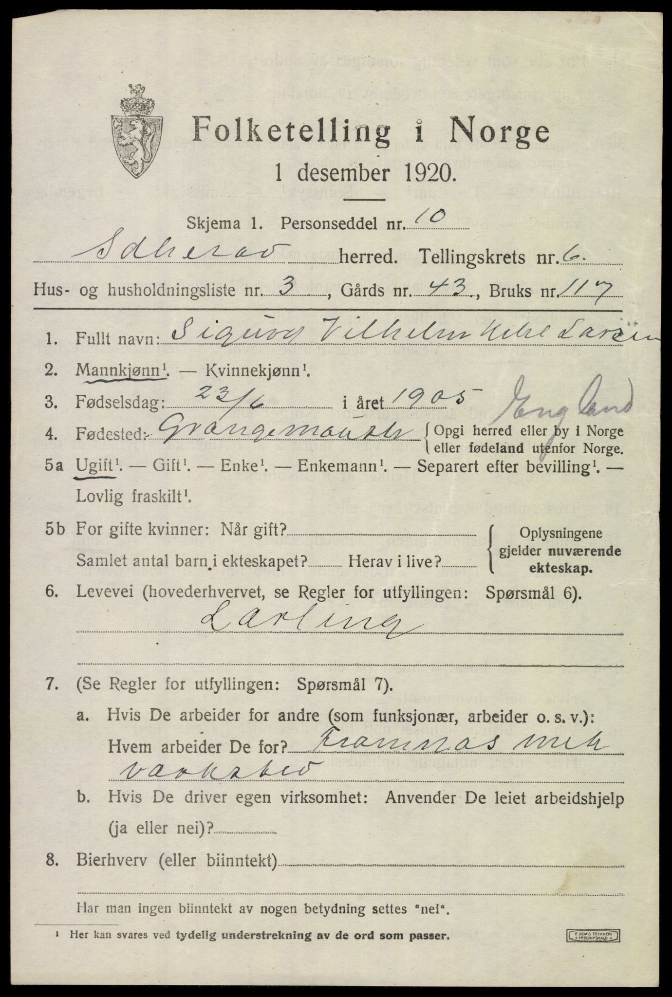 SAKO, 1920 census for Sandeherred, 1920, p. 9576