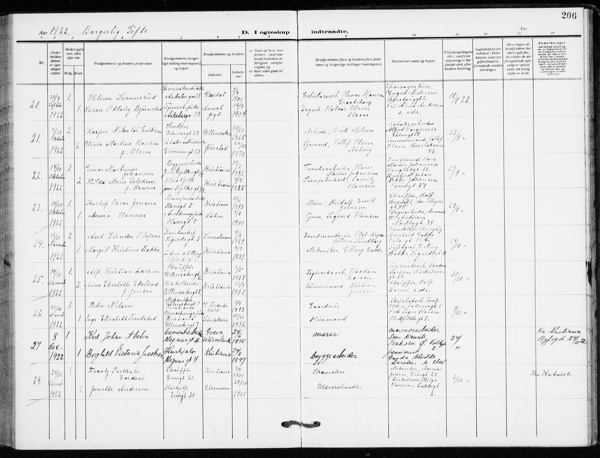Kampen prestekontor Kirkebøker, SAO/A-10853/F/Fa/L0013: Parish register (official) no. I 13, 1917-1922, p. 206