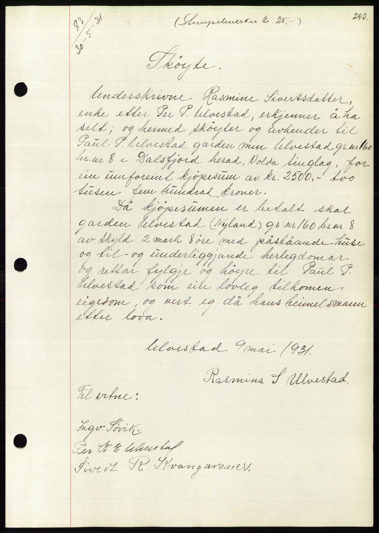 Søre Sunnmøre sorenskriveri, AV/SAT-A-4122/1/2/2C/L0052: Mortgage book no. 46, 1931-1931, Deed date: 30.05.1931