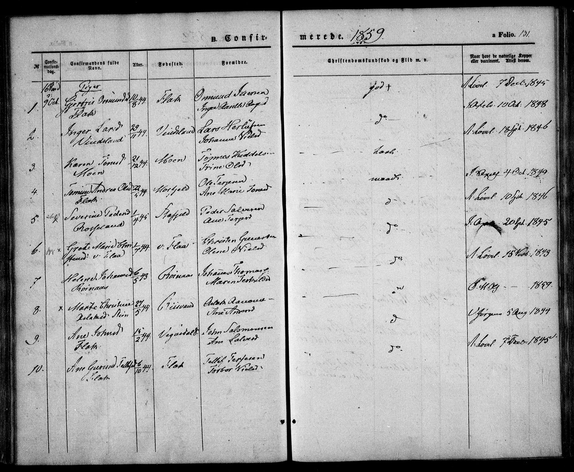 Birkenes sokneprestkontor, AV/SAK-1111-0004/F/Fa/L0003: Parish register (official) no. A 3, 1850-1866, p. 131