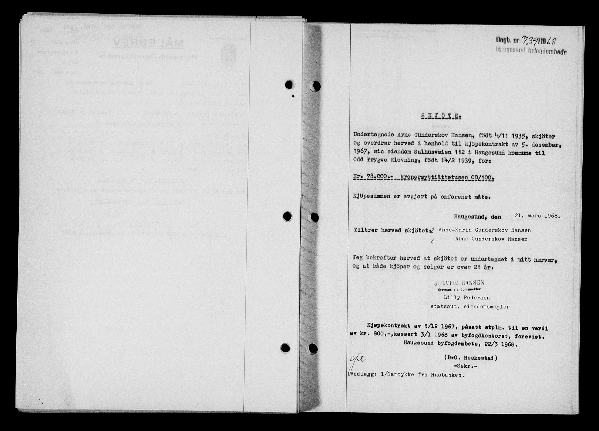 Haugesund tingrett, AV/SAST-A-101415/01/II/IIC/L0079: Mortgage book no. A 20, 1967-1968, Diary no: : 739/1968