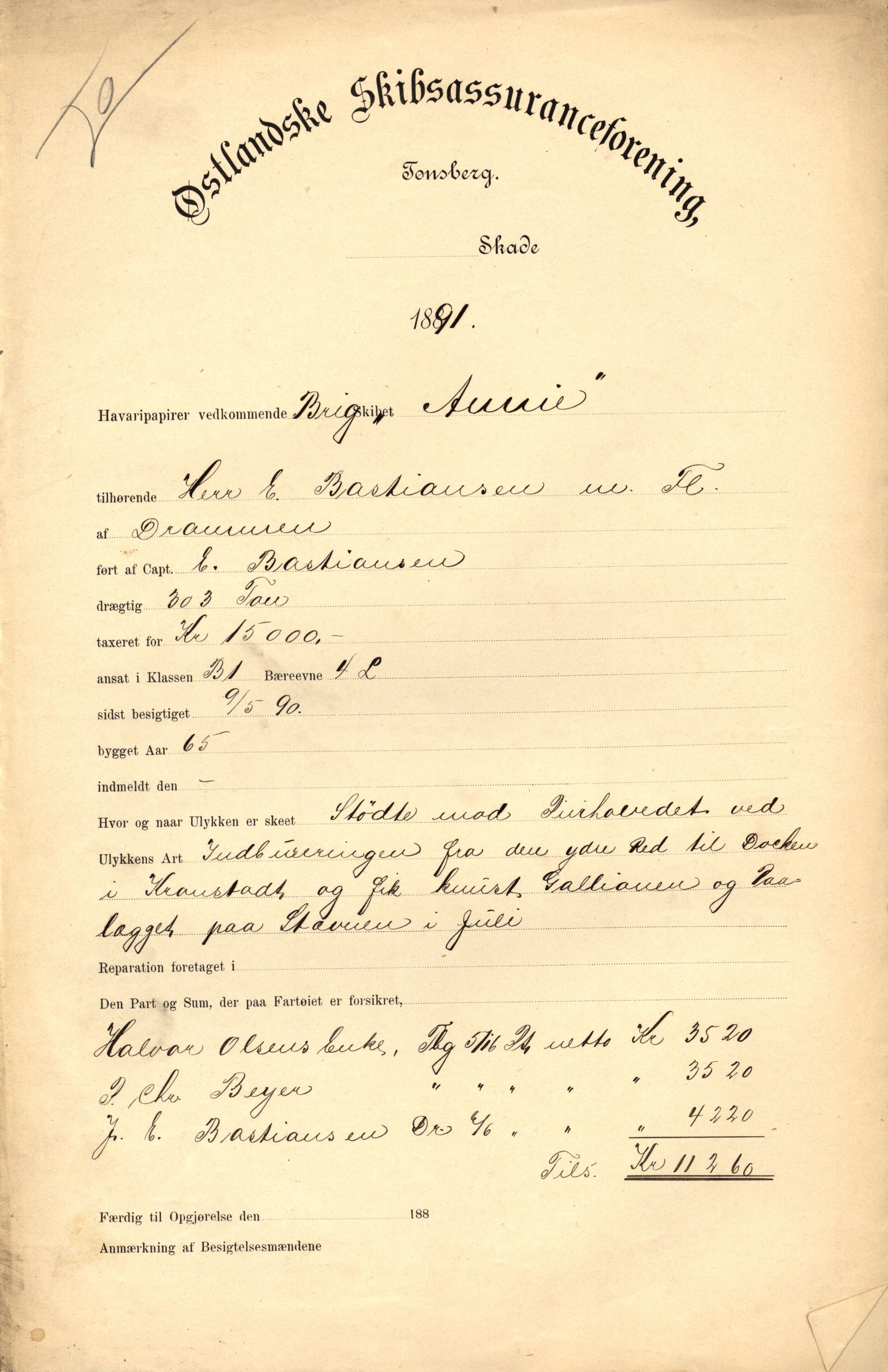 Pa 63 - Østlandske skibsassuranceforening, VEMU/A-1079/G/Ga/L0027/0003: Havaridokumenter / Bothnia, Petropolis, Agathe, Annie, Ispolen, Isploven, 1891, p. 24