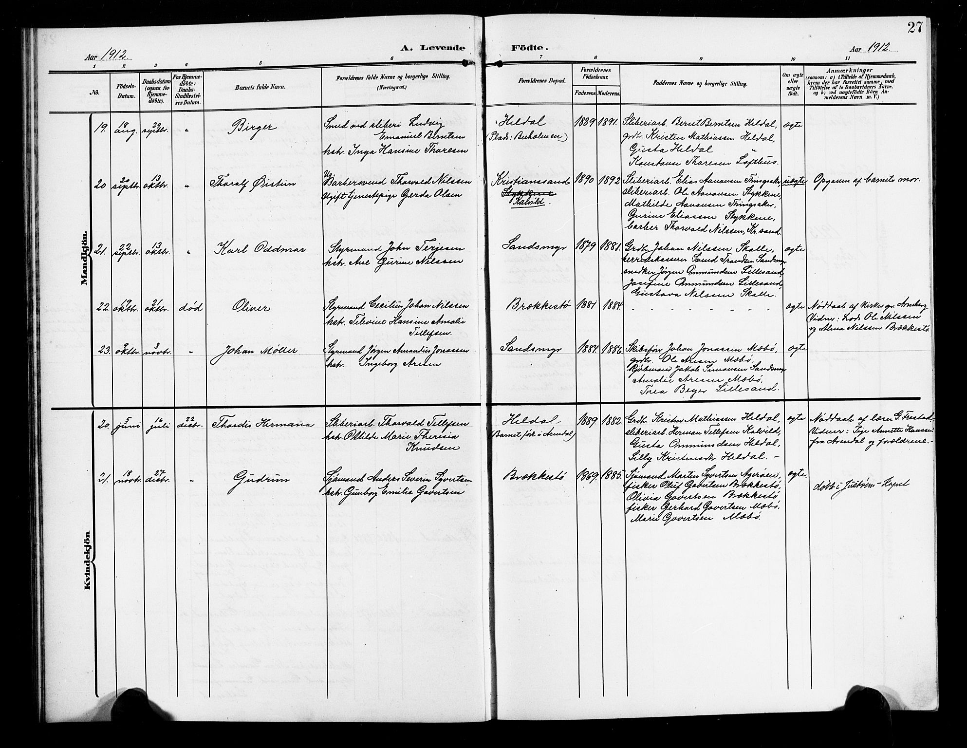 Vestre Moland sokneprestkontor, AV/SAK-1111-0046/F/Fb/Fbb/L0007: Parish register (copy) no. B 7, 1906-1929, p. 27