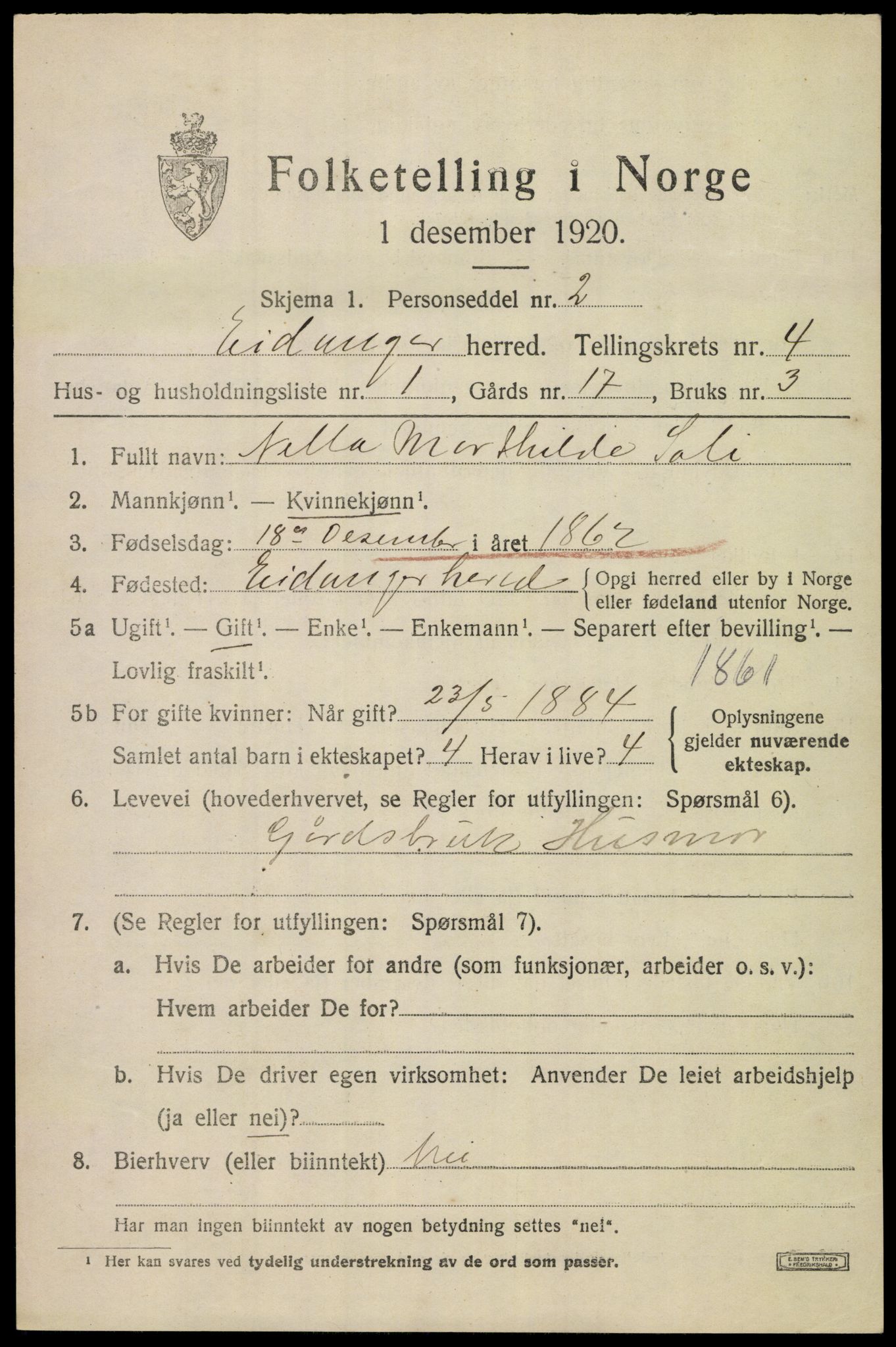 SAKO, 1920 census for Eidanger, 1920, p. 3894