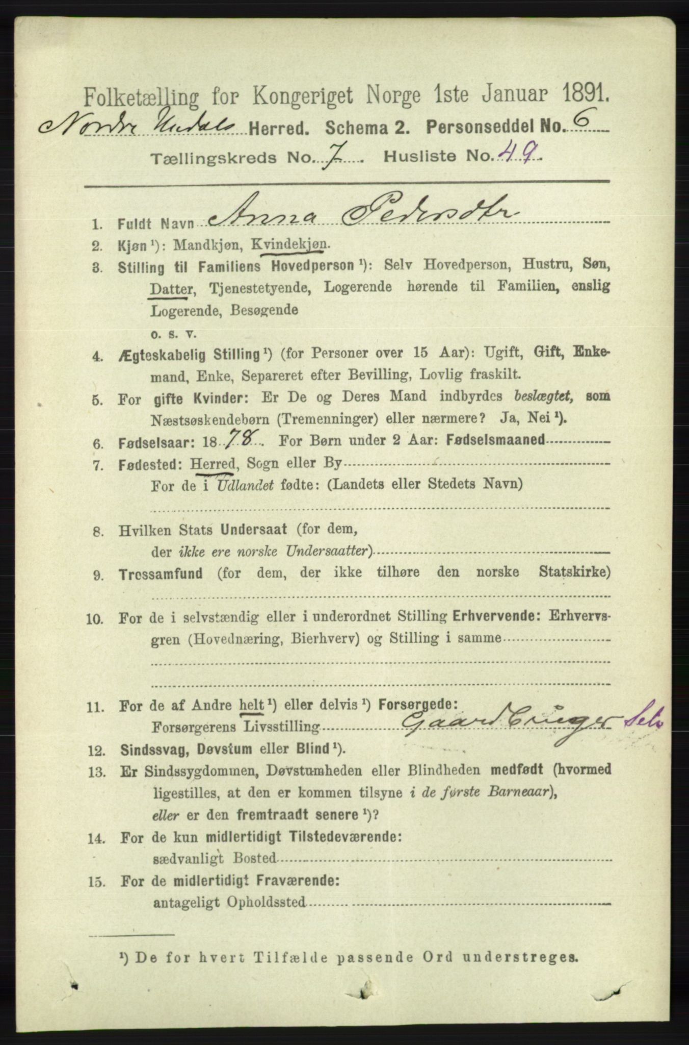 RA, 1891 census for 1028 Nord-Audnedal, 1891, p. 2068