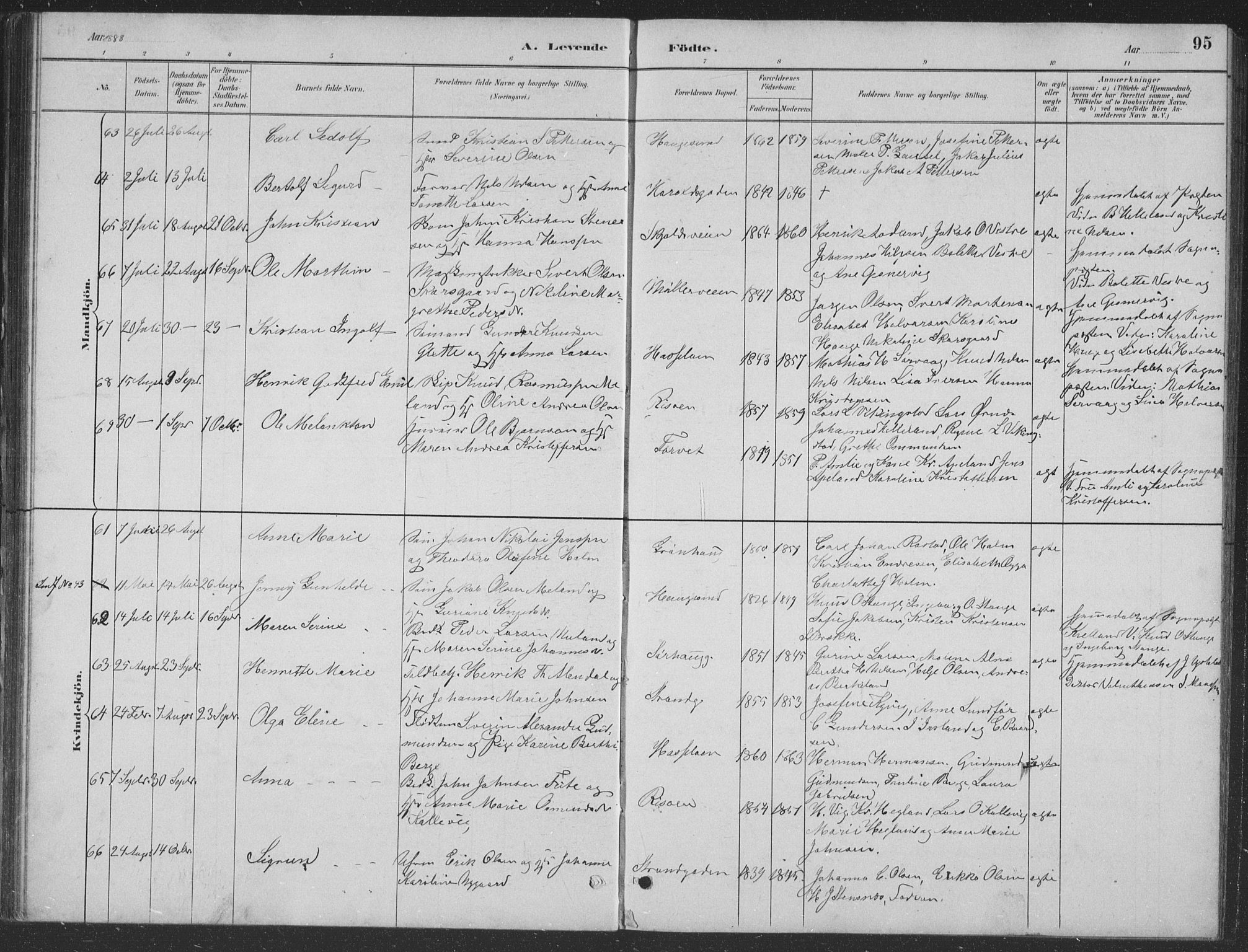 Haugesund sokneprestkontor, AV/SAST-A -101863/H/Ha/Hab/L0002: Parish register (copy) no. B 2, 1881-1894, p. 95