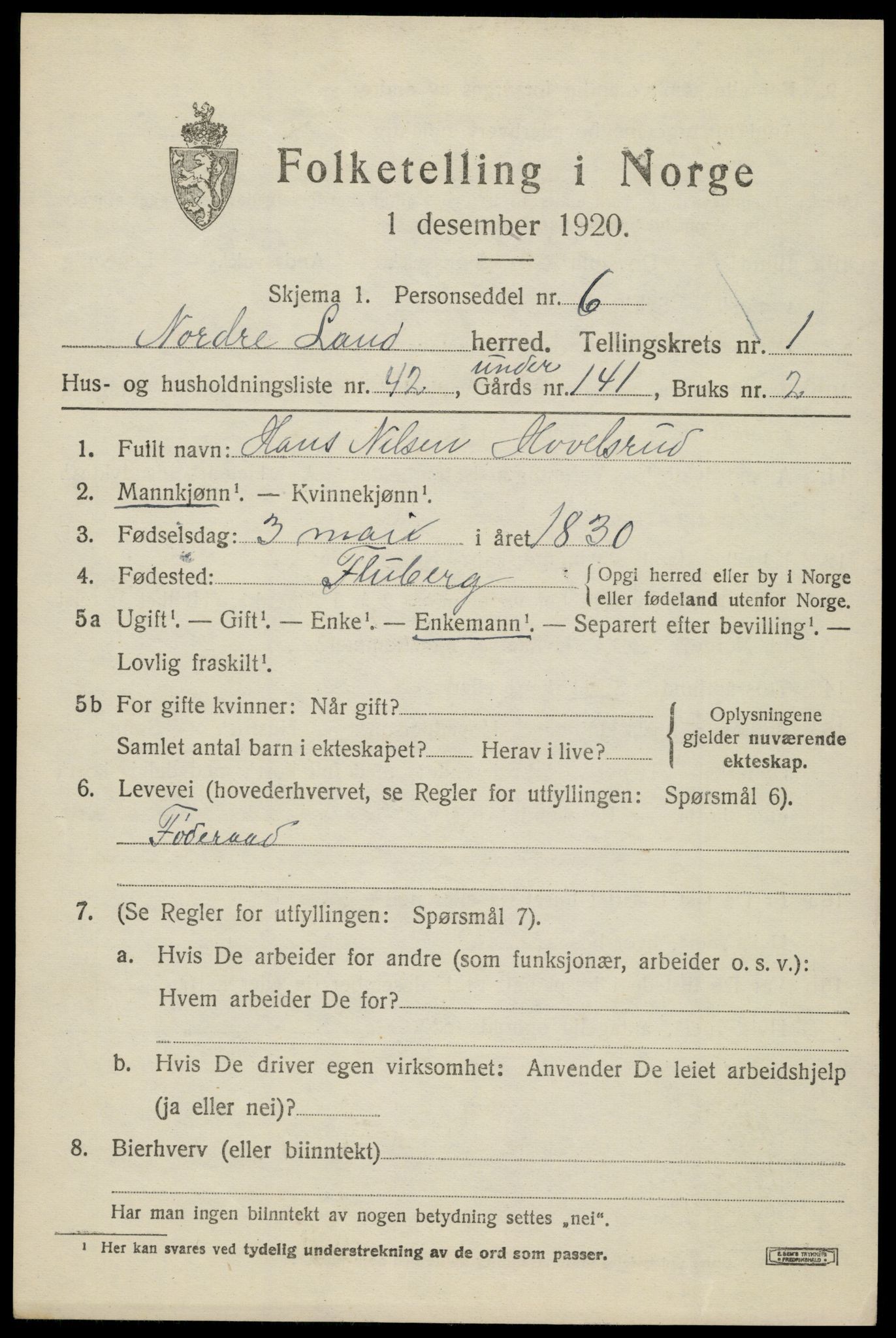 SAH, 1920 census for Nordre Land, 1920, p. 1584