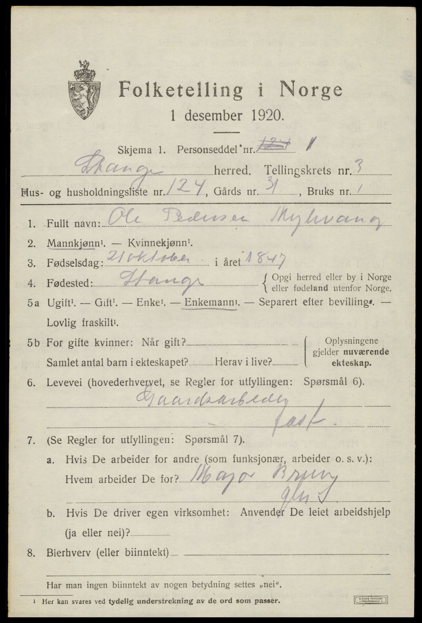 SAH, 1920 census for Stange, 1920, p. 6591