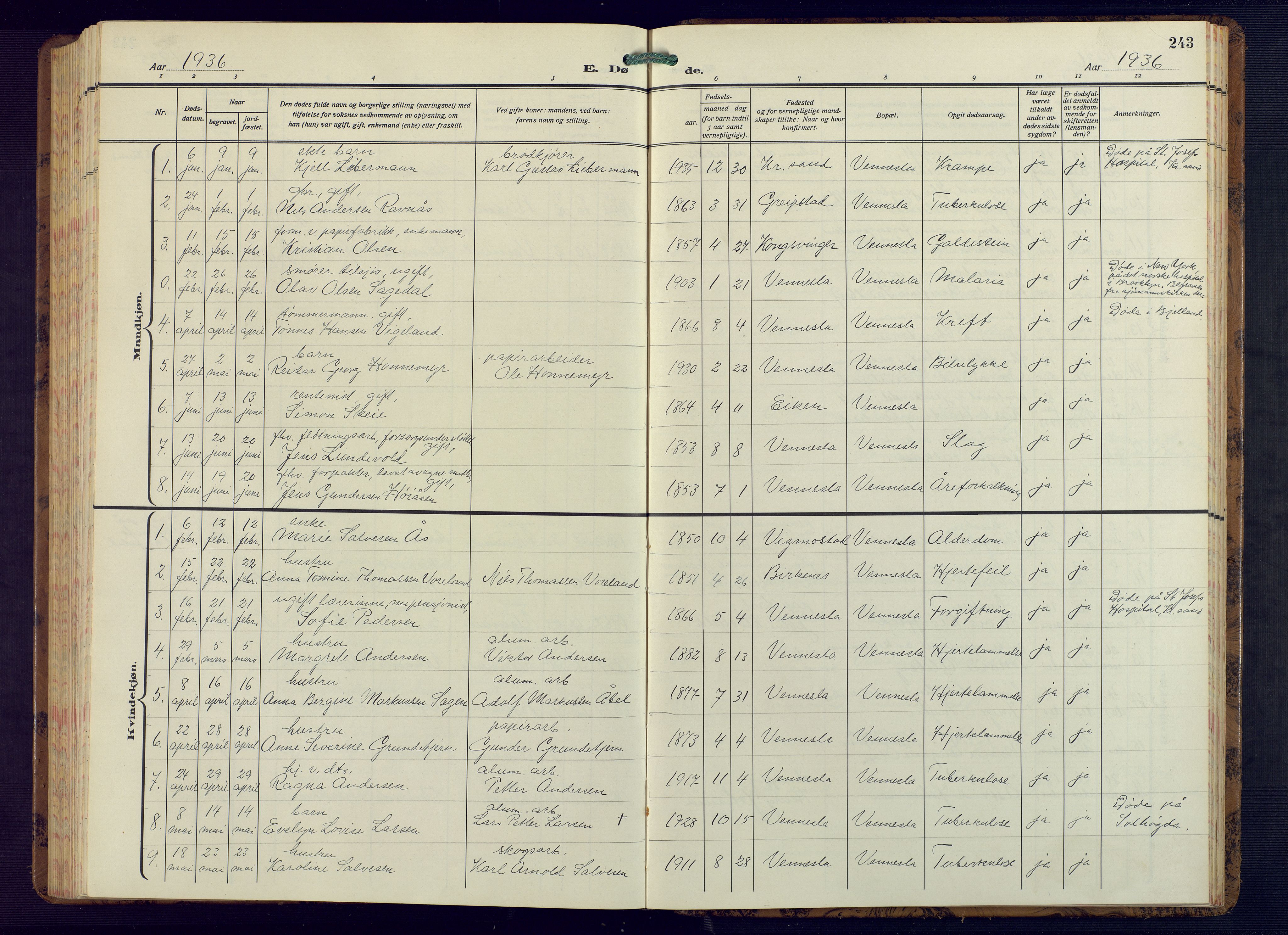 Vennesla sokneprestkontor, AV/SAK-1111-0045/Fb/Fbb/L0008: Parish register (copy) no. B 8, 1934-1947, p. 243