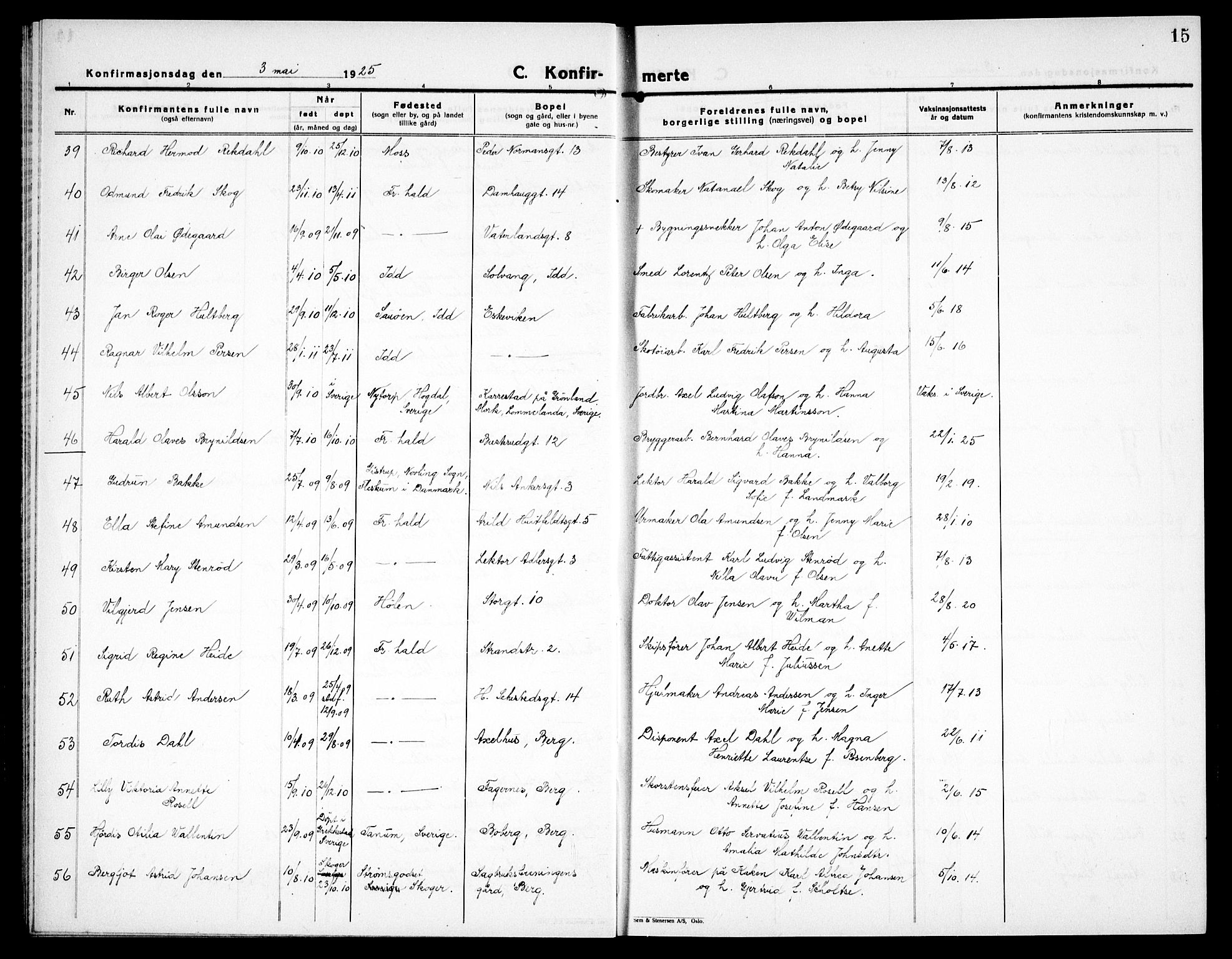 Halden prestekontor Kirkebøker, SAO/A-10909/G/Ga/L0013: Parish register (copy) no. 13, 1924-1939, p. 15