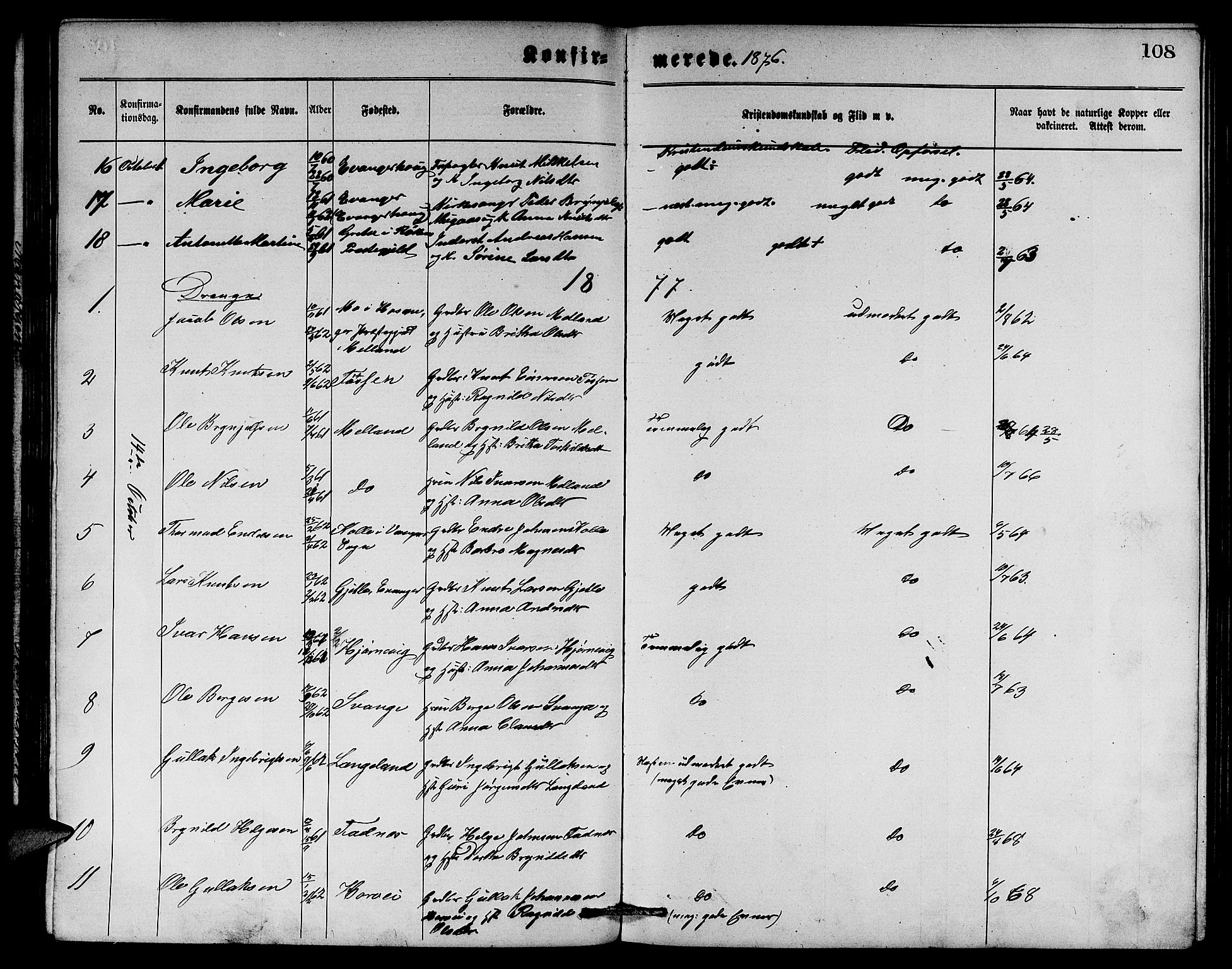 Evanger sokneprestembete, SAB/A-99924: Parish register (copy) no. A 3, 1875-1887, p. 108