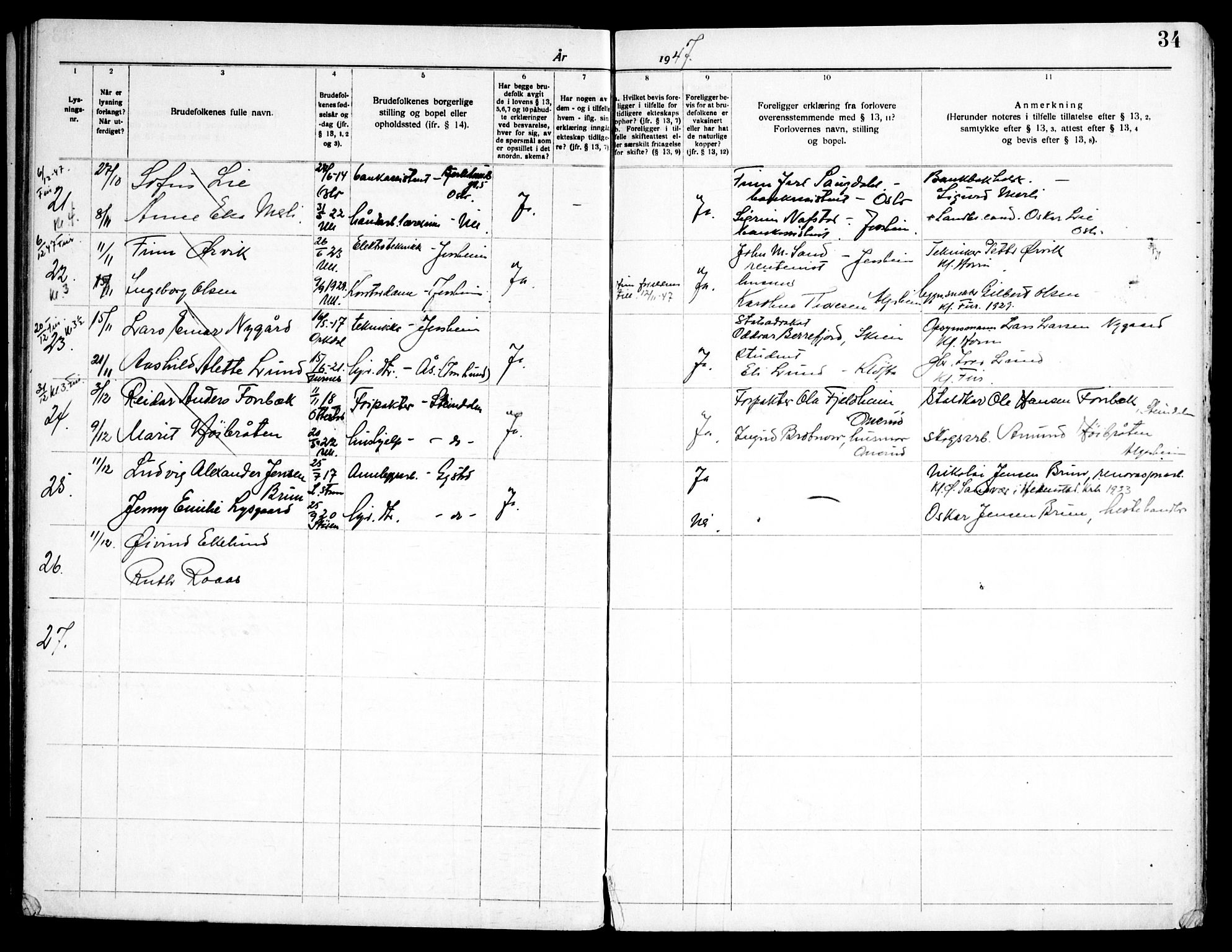 Ullensaker prestekontor Kirkebøker, SAO/A-10236a/H/Ha/L0005: Banns register no. 5, 1919-1969, p. 34