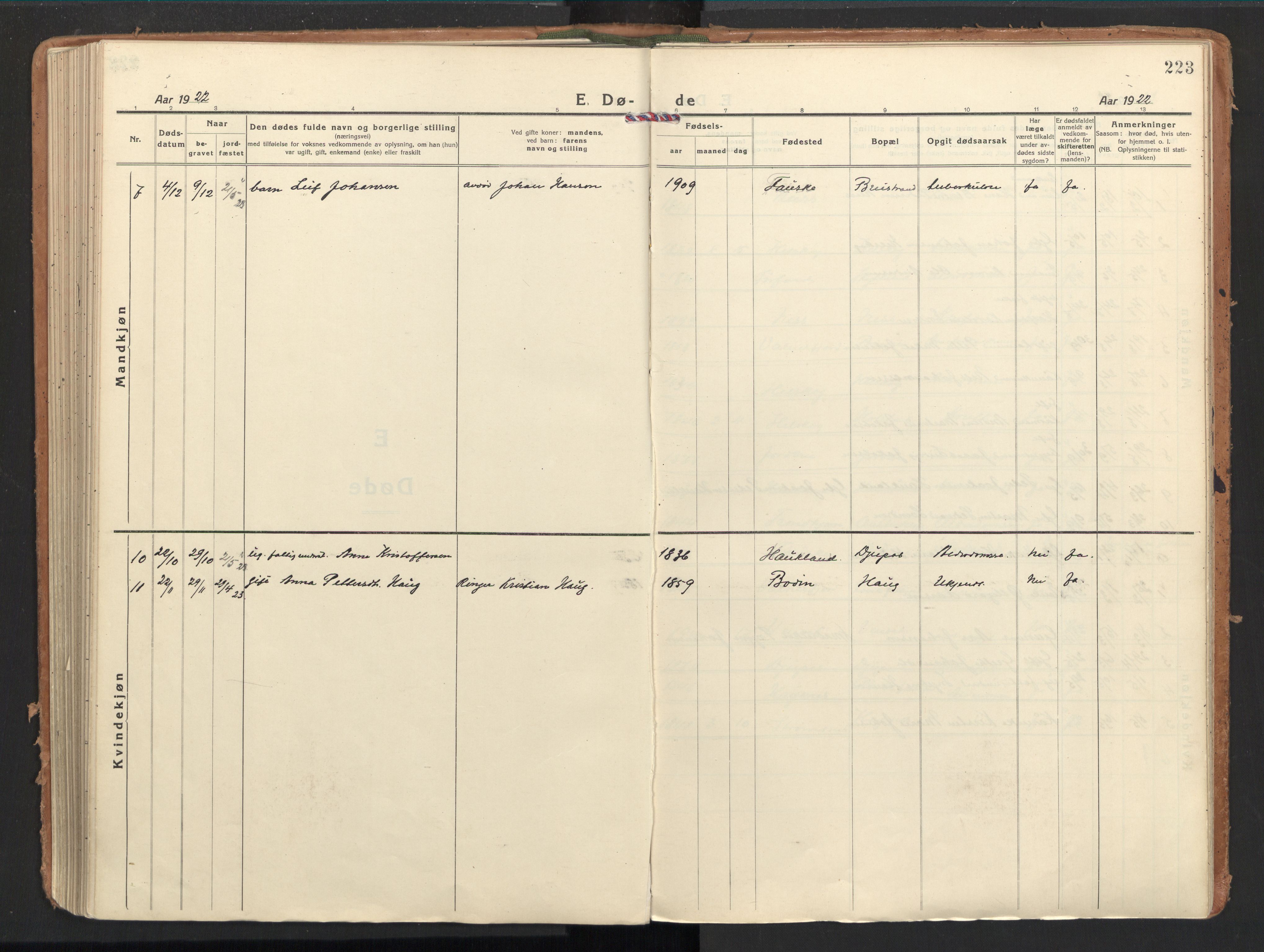 Ministerialprotokoller, klokkerbøker og fødselsregistre - Nordland, SAT/A-1459/851/L0725: Parish register (official) no. 851A02, 1922-1944, p. 223
