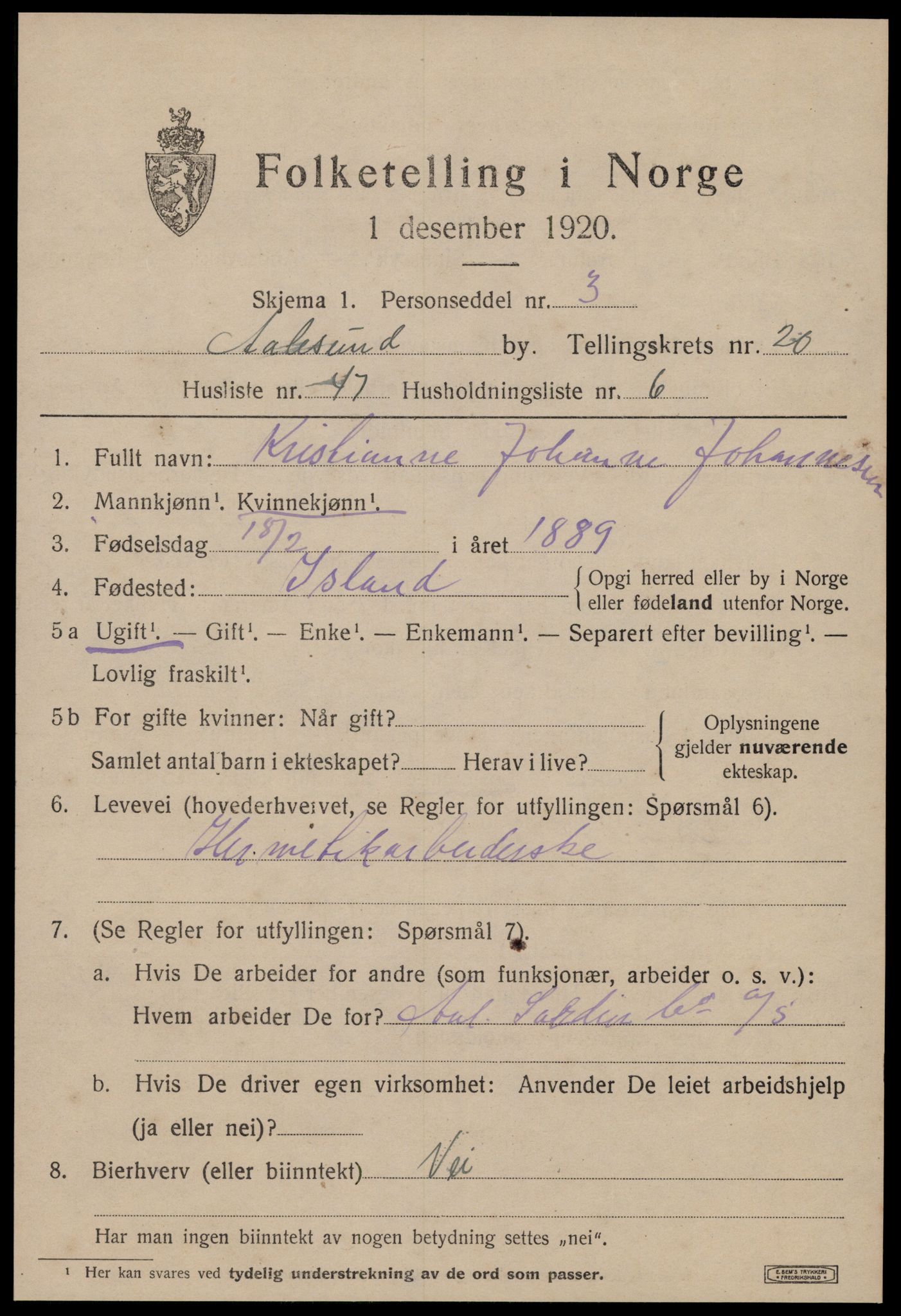 SAT, 1920 census for Ålesund, 1920, p. 39396
