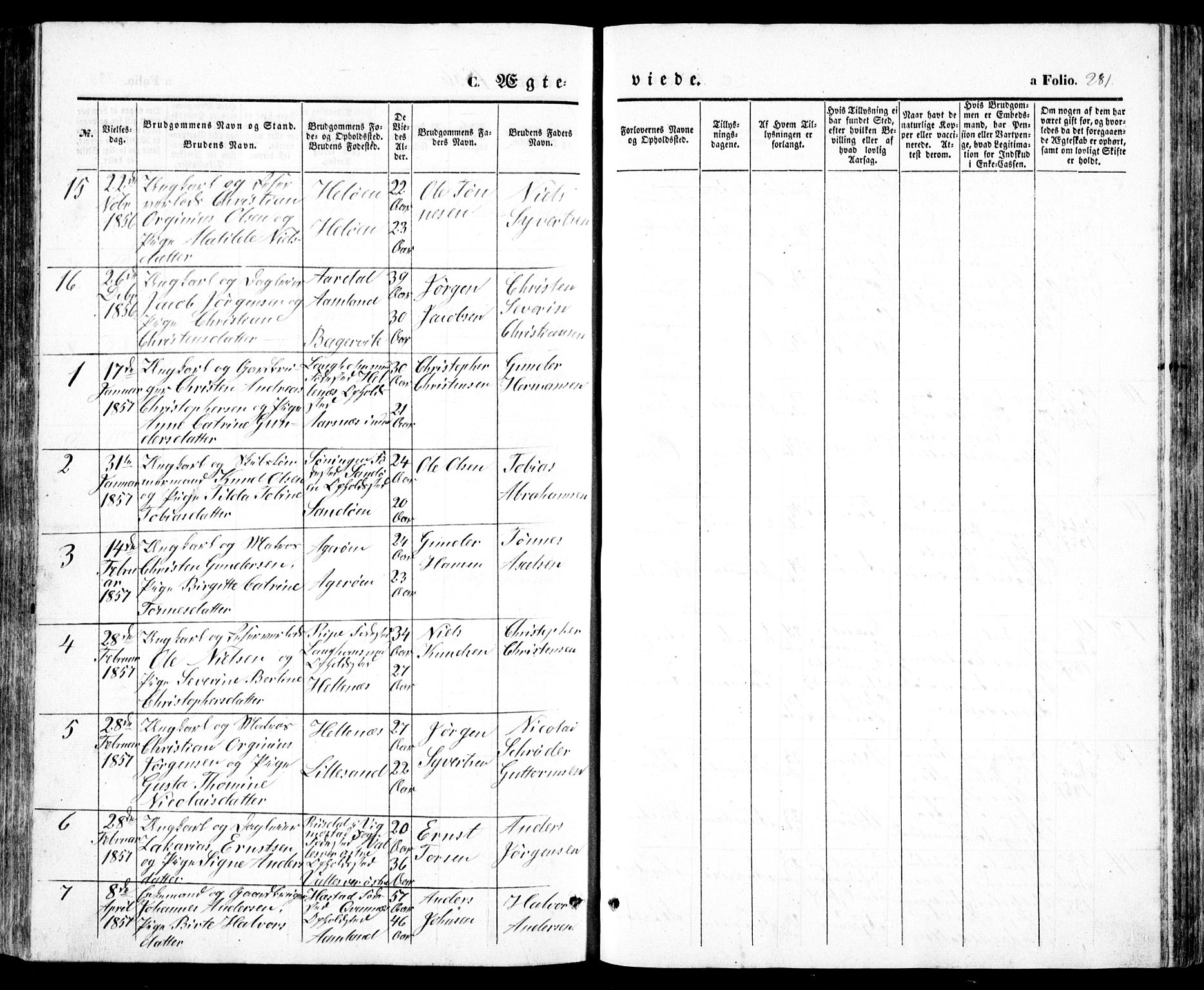 Høvåg sokneprestkontor, SAK/1111-0025/F/Fb/L0002: Parish register (copy) no. B 2, 1847-1869, p. 281