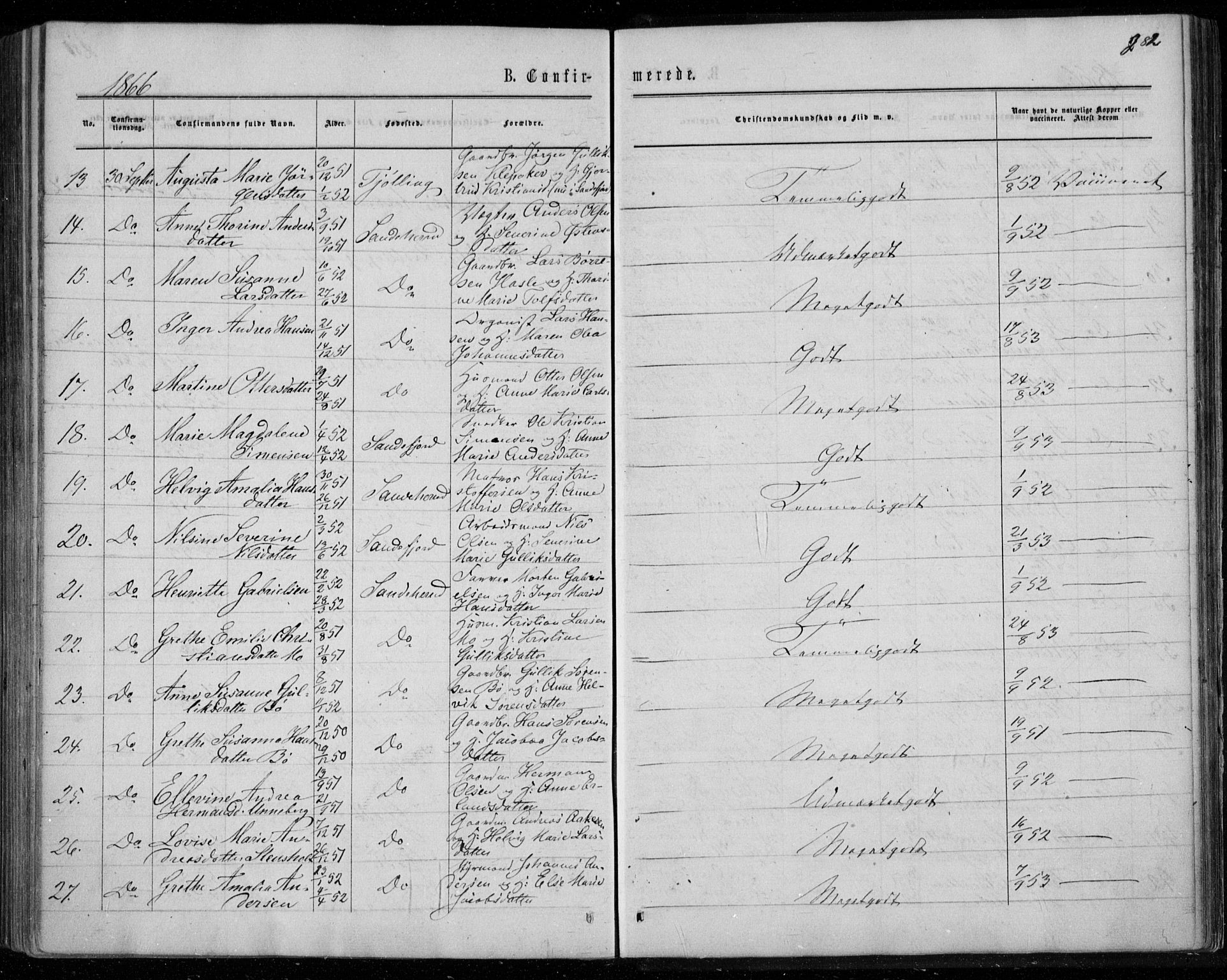 Sandar kirkebøker, SAKO/A-243/F/Fa/L0008: Parish register (official) no. 8, 1862-1871, p. 282