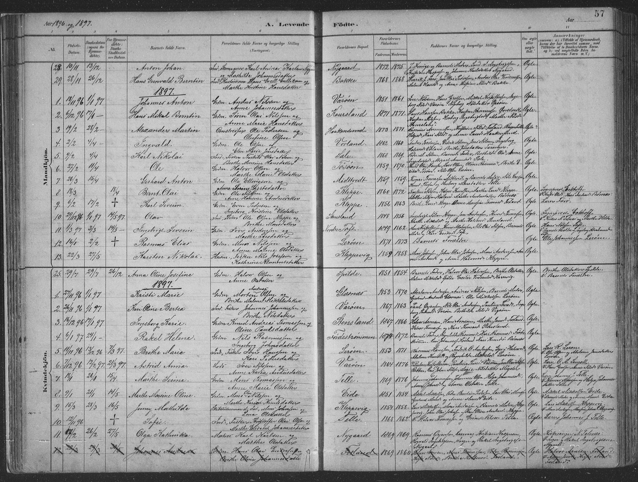 Sund sokneprestembete, SAB/A-99930: Parish register (copy) no. B 3, 1882-1911, p. 57