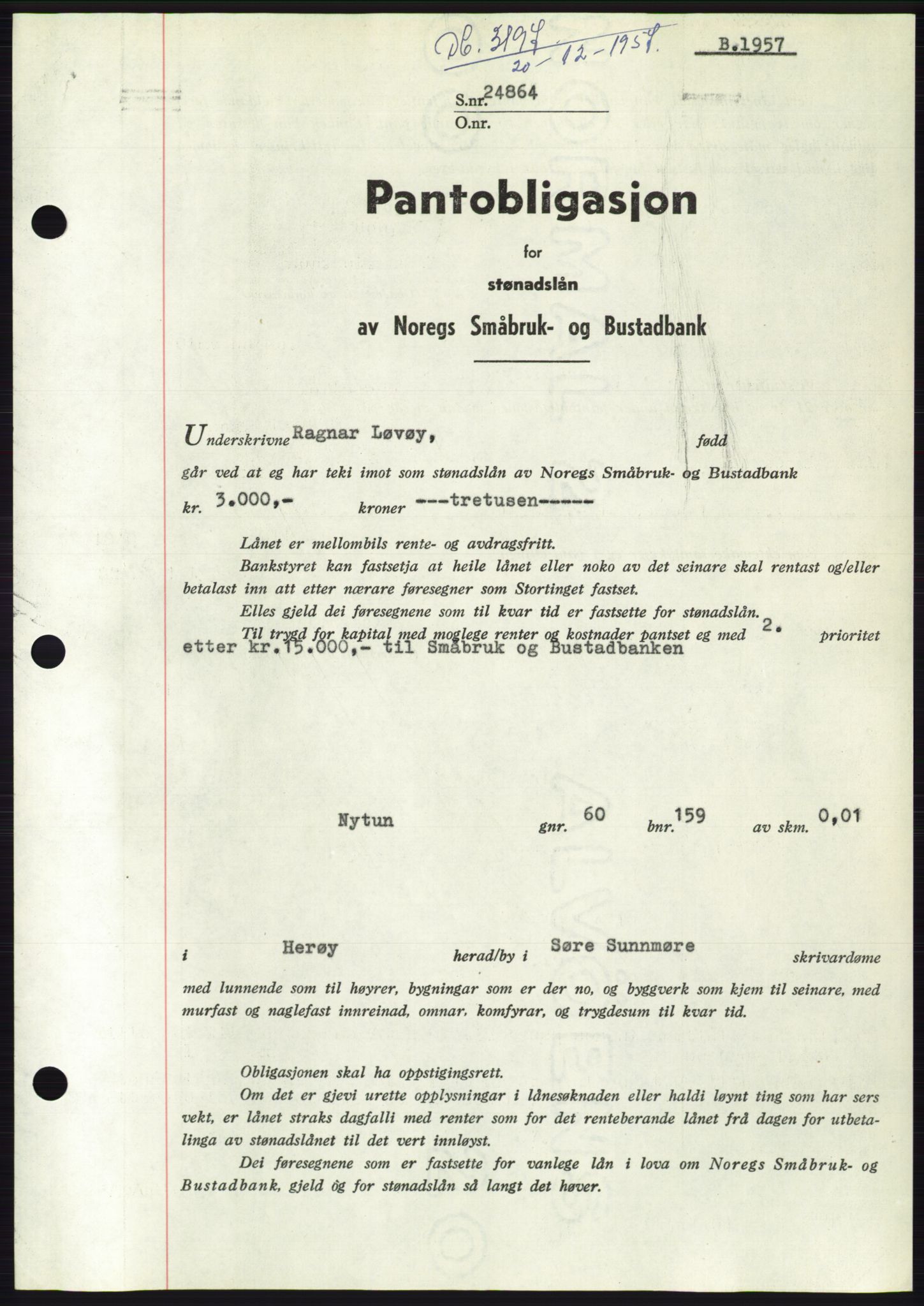 Søre Sunnmøre sorenskriveri, AV/SAT-A-4122/1/2/2C/L0130: Mortgage book no. 18B, 1957-1958, Diary no: : 3197/1957