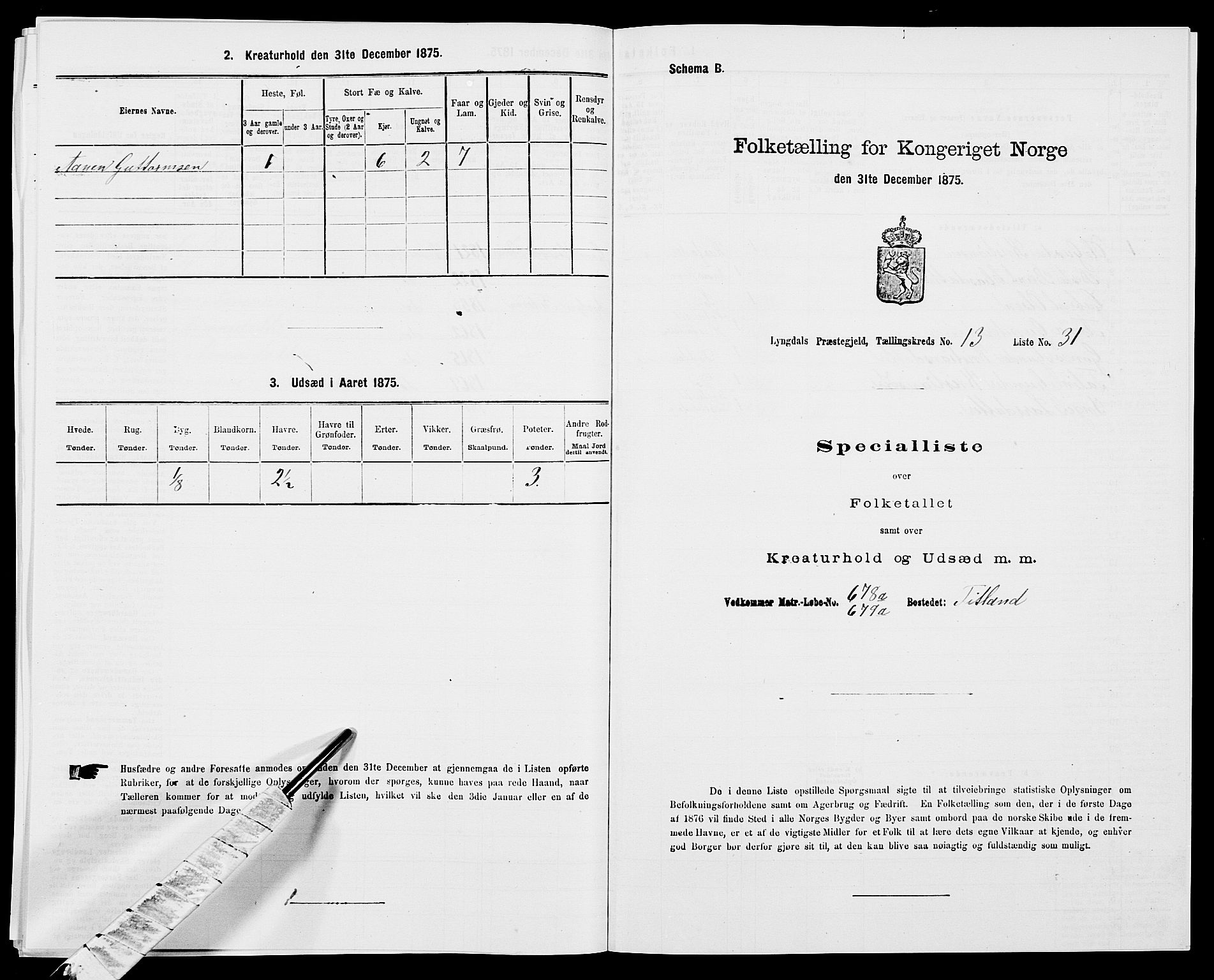 SAK, 1875 census for 1032P Lyngdal, 1875, p. 2007