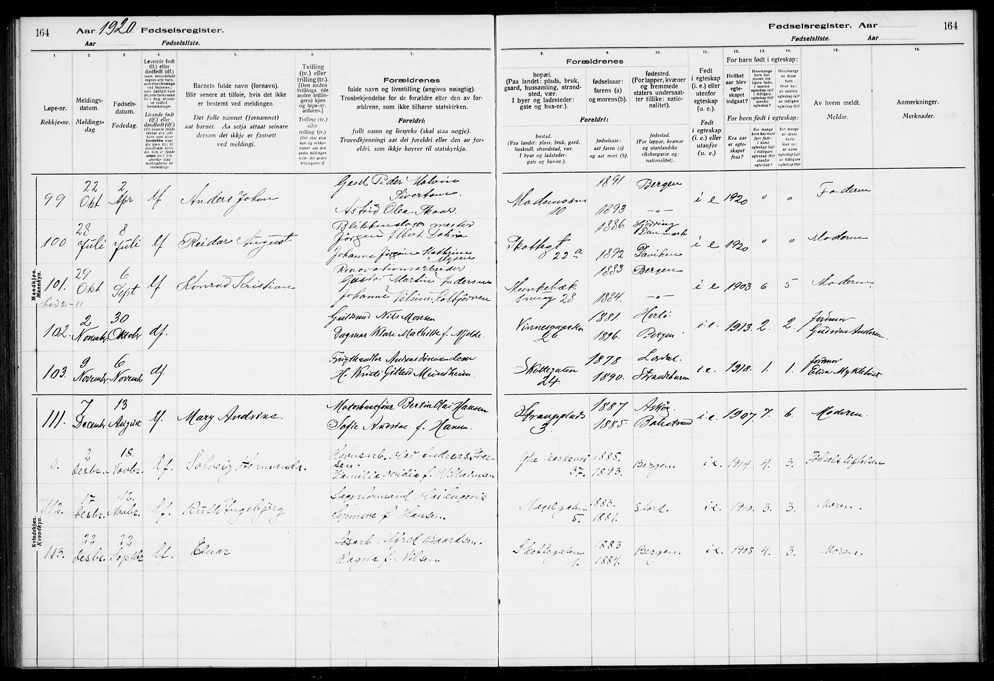 Nykirken Sokneprestembete, SAB/A-77101/I/Id/L00A1: Birth register no. A 1, 1916-1922, p. 164