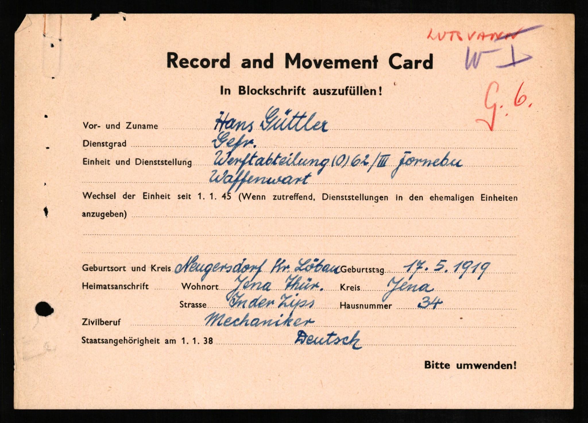 Forsvaret, Forsvarets overkommando II, RA/RAFA-3915/D/Db/L0011: CI Questionaires. Tyske okkupasjonsstyrker i Norge. Tyskere., 1945-1946, p. 22