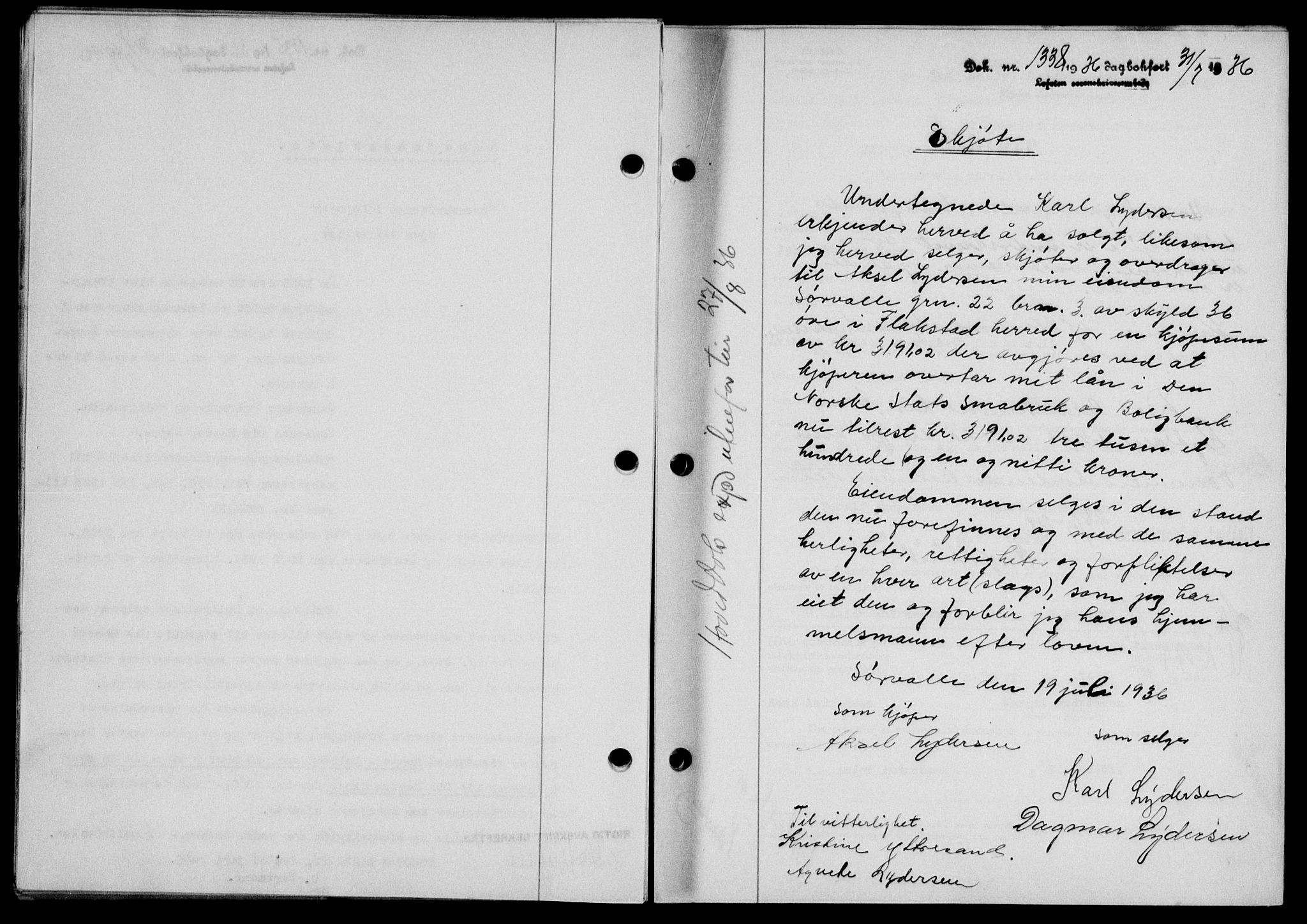 Lofoten sorenskriveri, SAT/A-0017/1/2/2C/L0001a: Mortgage book no. 1a, 1936-1937, Diary no: : 1338/1936