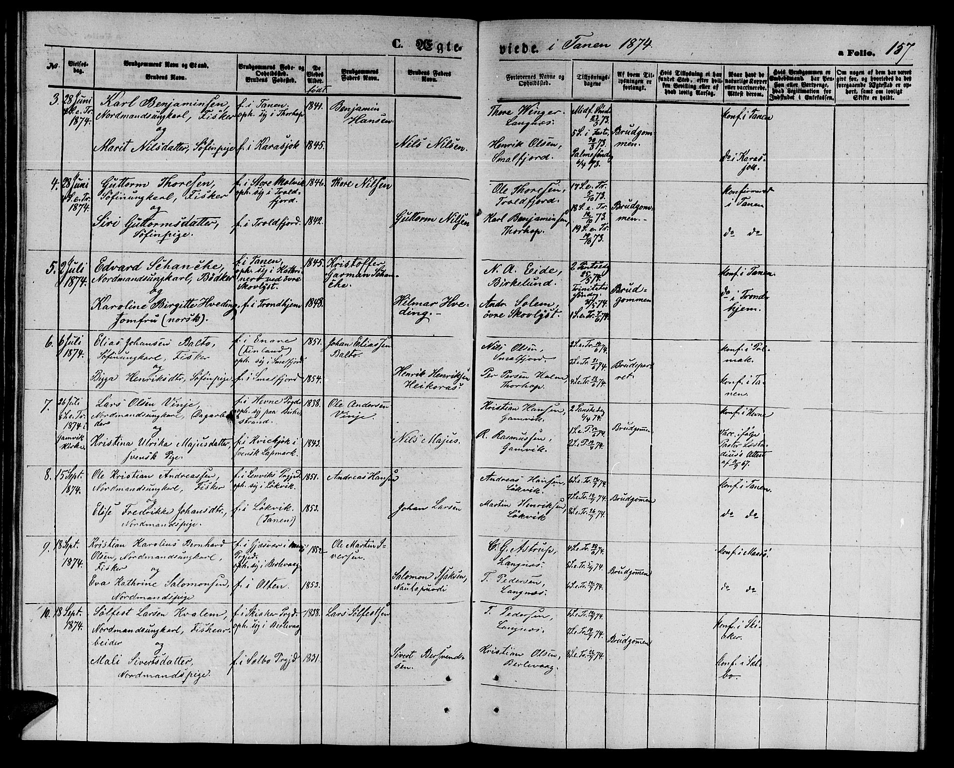 Tana sokneprestkontor, AV/SATØ-S-1334/H/Hb/L0002klokker: Parish register (copy) no. 2 /1, 1866-1877, p. 157