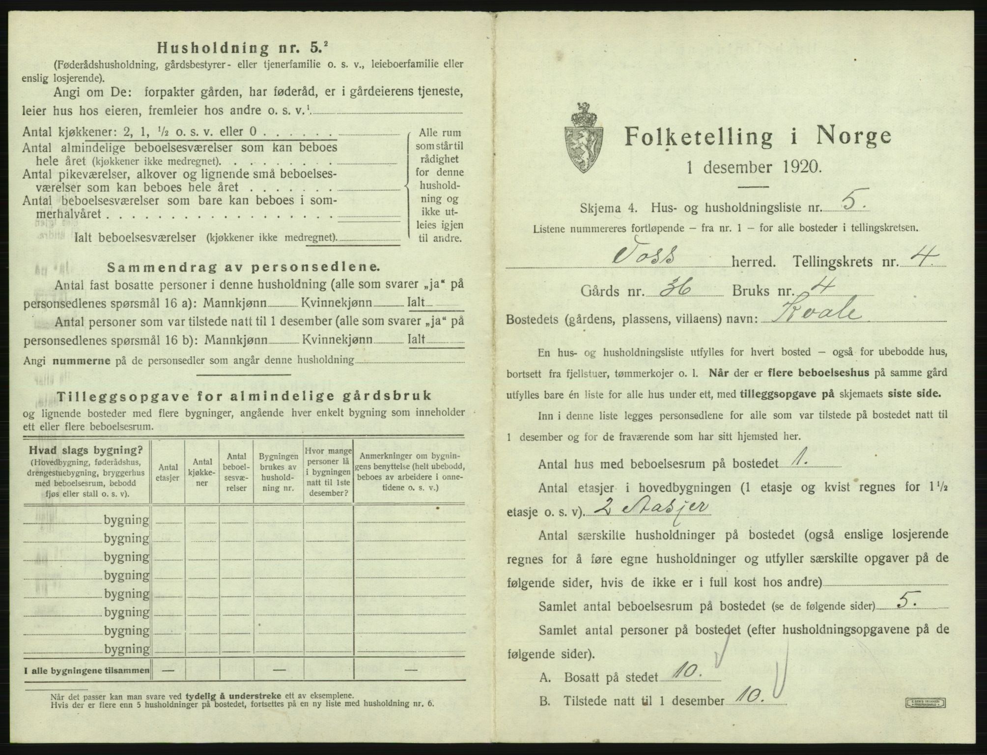 SAB, 1920 census for Voss, 1920, p. 405