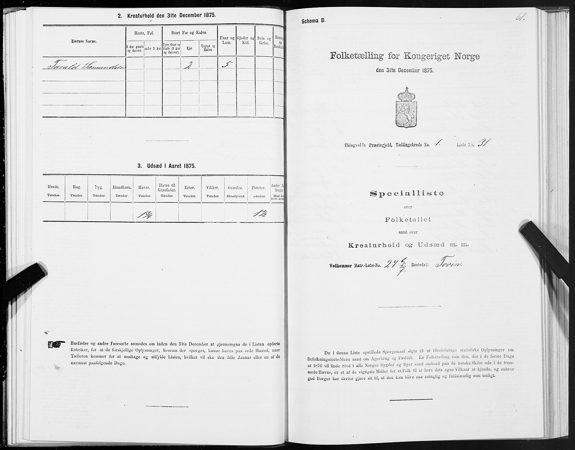 SAT, 1875 census for 1560P Tingvoll, 1875, p. 1061