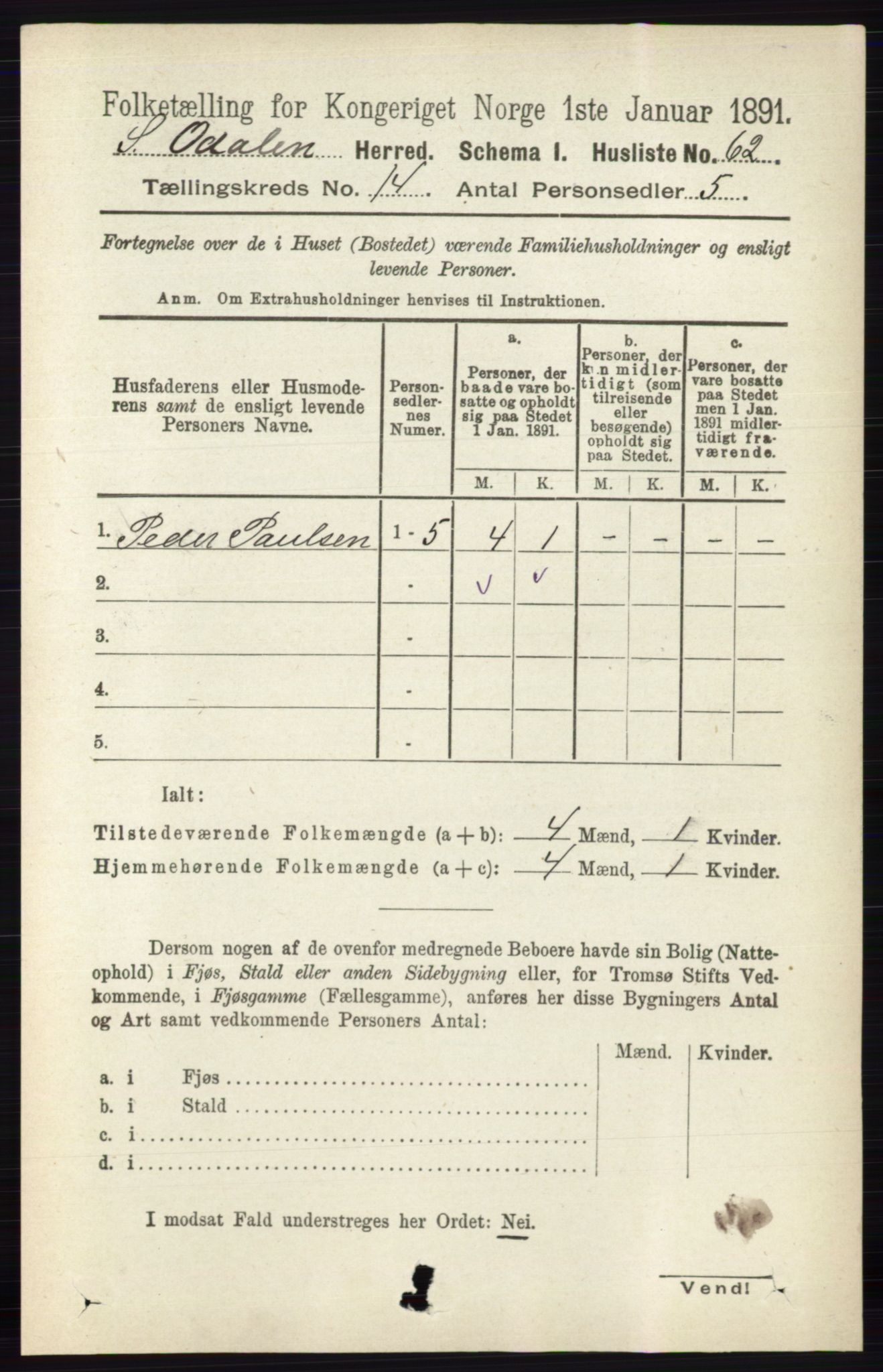 RA, 1891 census for 0419 Sør-Odal, 1891, p. 5979