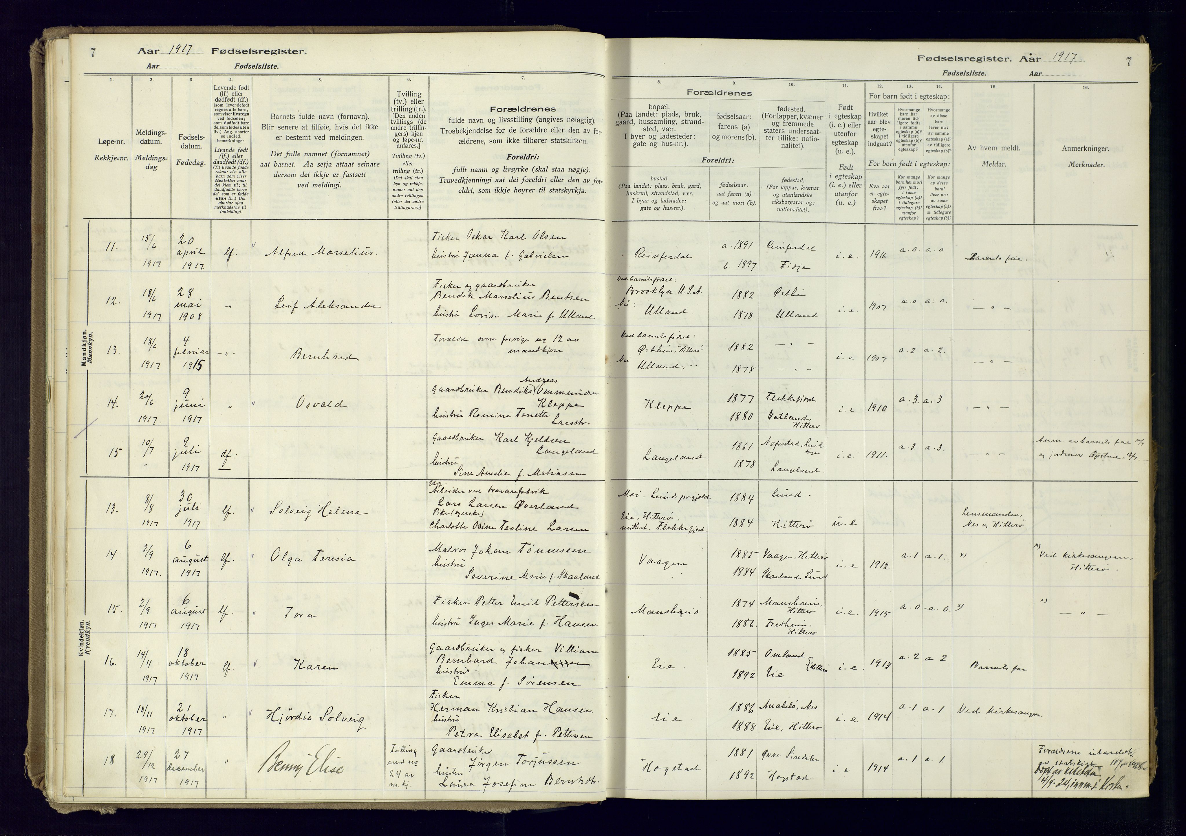 Flekkefjord sokneprestkontor, AV/SAK-1111-0012/J/Ja/L0007: Birth register no. 7, 1916-1982, p. 7