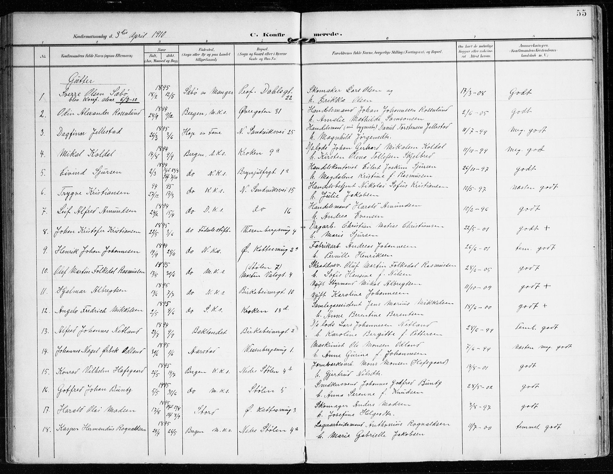 Mariakirken Sokneprestembete, SAB/A-76901/H/Haa/L0014: Parish register (official) no. C 2, 1900-1916, p. 55