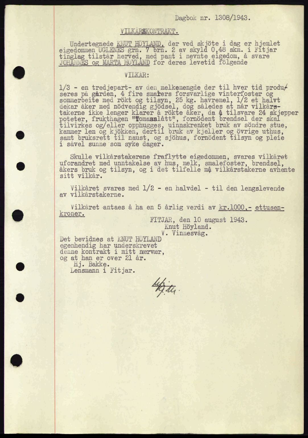 Sunnhordland sorenskrivar, SAB/A-2401: Mortgage book no. Ba, 1937-1945, Diary no: : 1308/1943