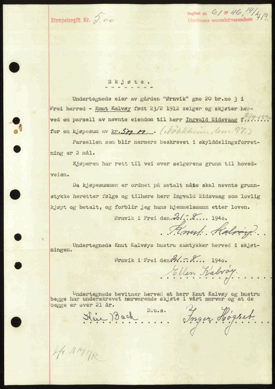 Nordmøre sorenskriveri, AV/SAT-A-4132/1/2/2Ca: Mortgage book no. A100b, 1946-1946, Diary no: : 61/1946