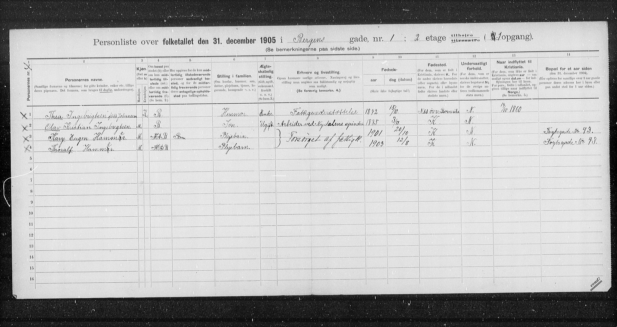 OBA, Municipal Census 1905 for Kristiania, 1905, p. 1901