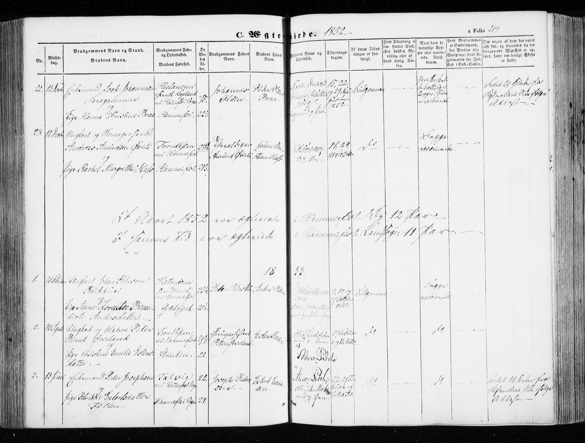 Hammerfest sokneprestkontor, SATØ/S-1347/H/Ha/L0004.kirke: Parish register (official) no. 4, 1843-1856, p. 219