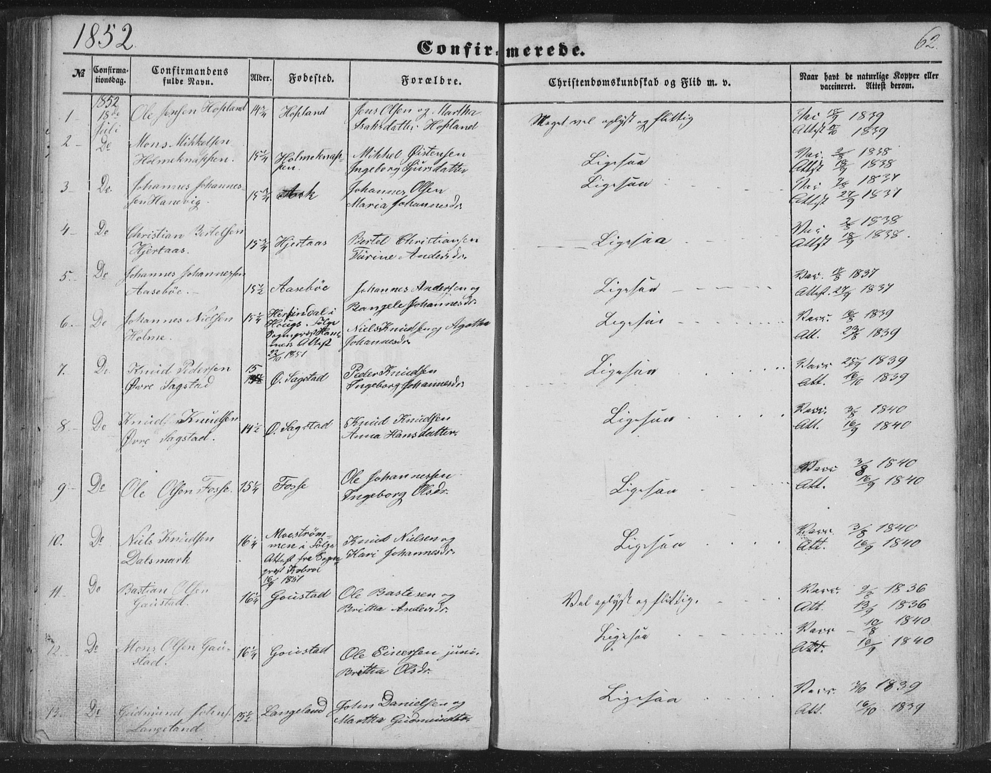 Alversund Sokneprestembete, SAB/A-73901/H/Ha/Hab: Parish register (copy) no. C 1, 1851-1866, p. 62