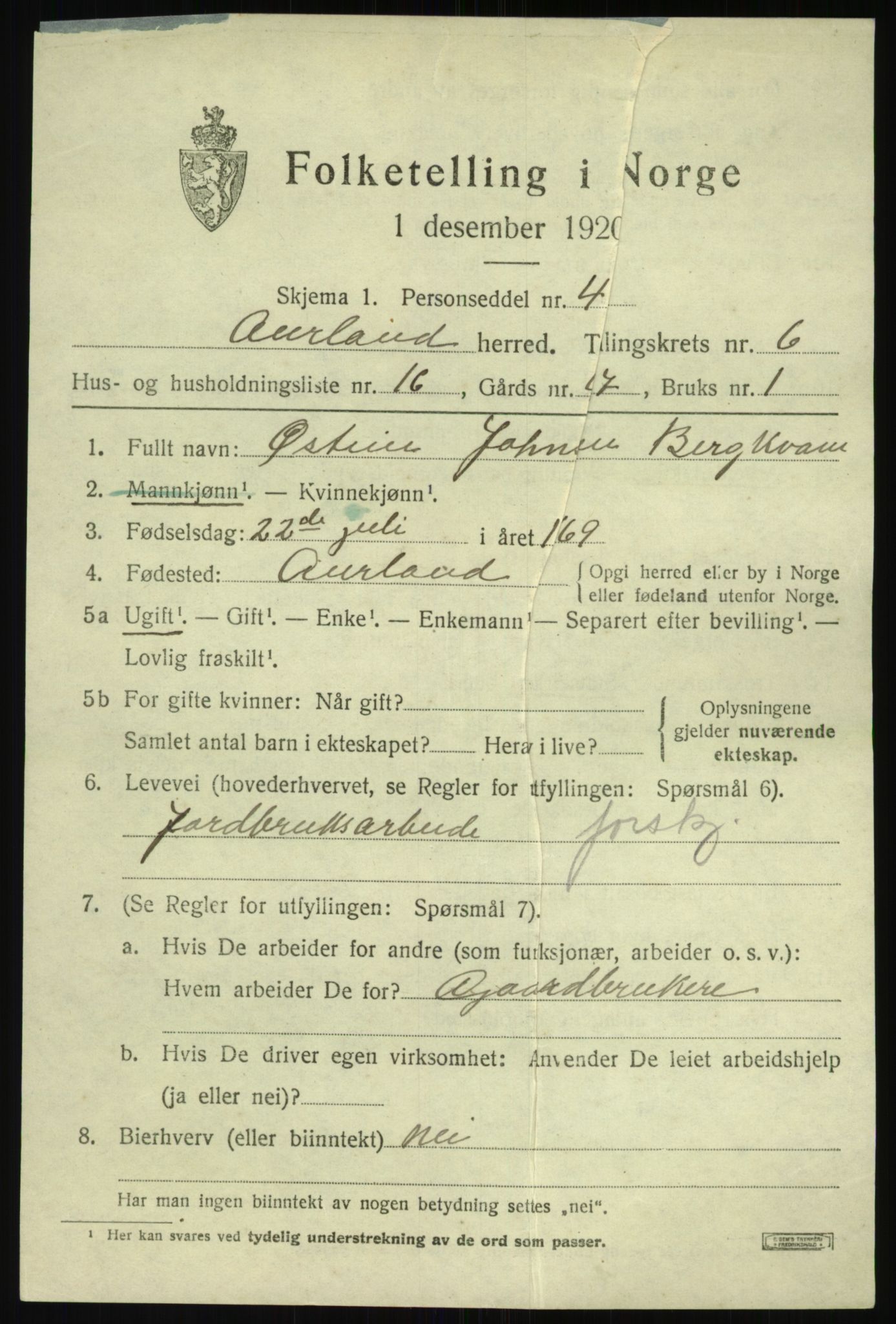 SAB, 1920 census for Aurland, 1920, p. 4068