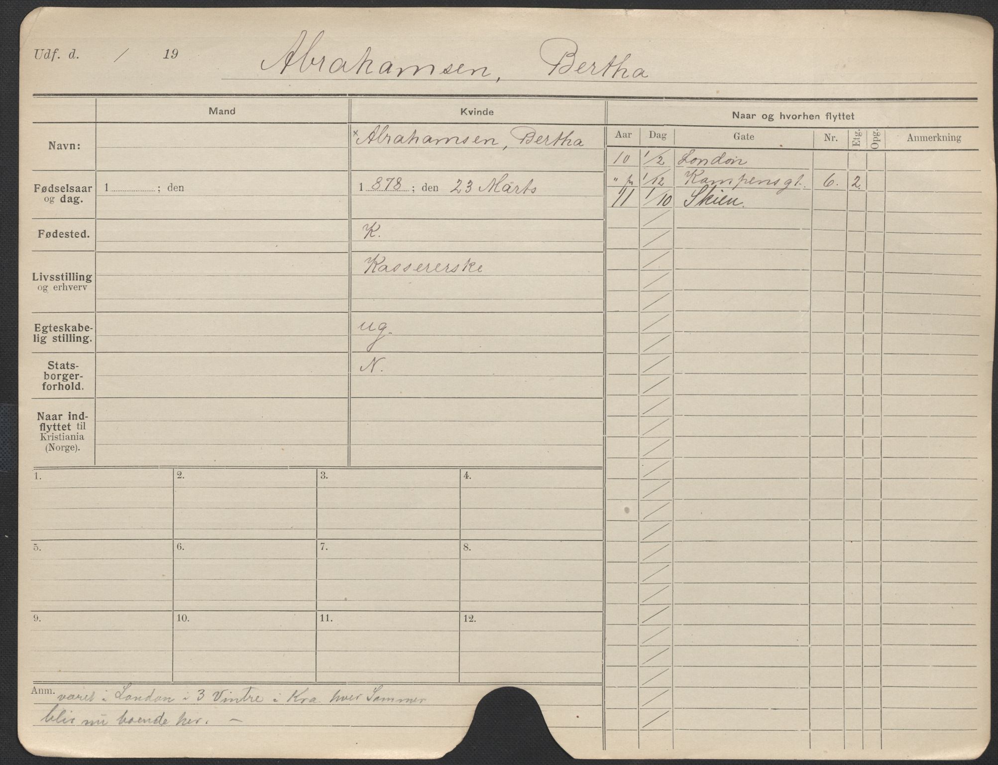 Oslo folkeregister, Registerkort, AV/SAO-A-11715/F/Fa/Fac/L0012: Kvinner, 1906-1914, p. 10a