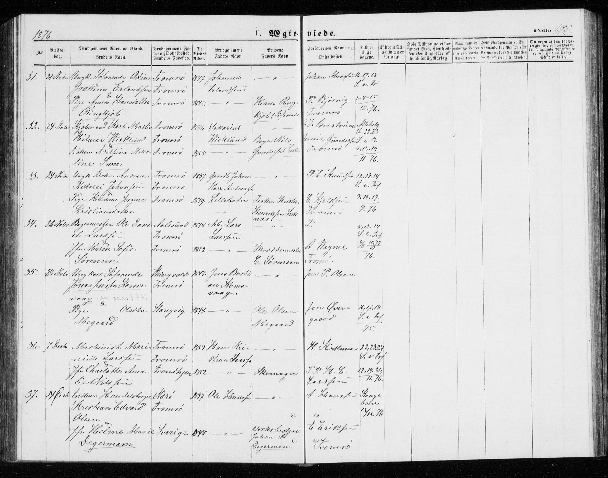 Tromsø sokneprestkontor/stiftsprosti/domprosti, AV/SATØ-S-1343/G/Gb/L0008klokker: Parish register (copy) no. 8, 1875-1879, p. 195