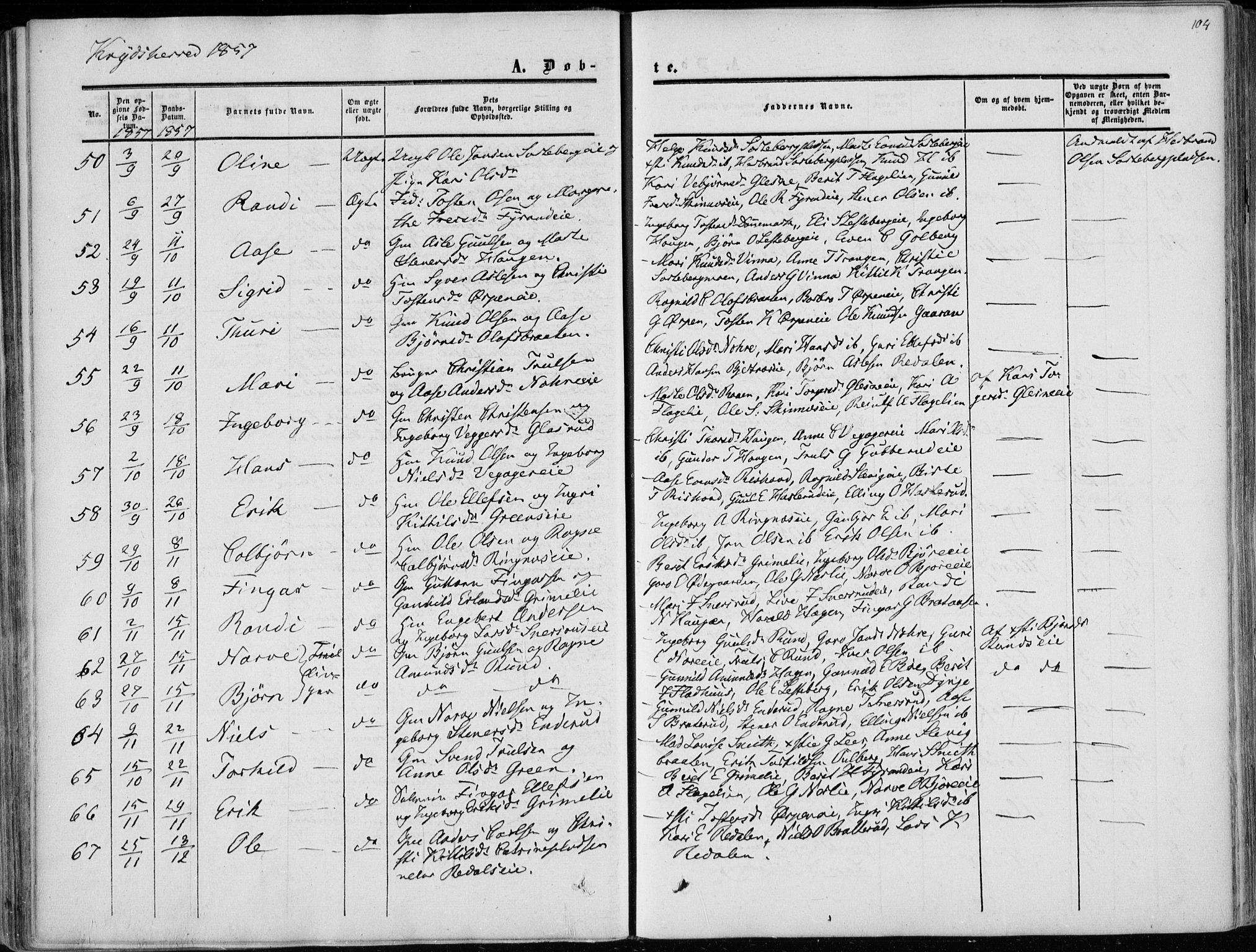 Sigdal kirkebøker, AV/SAKO-A-245/F/Fa/L0008: Parish register (official) no. I 8, 1850-1859, p. 104