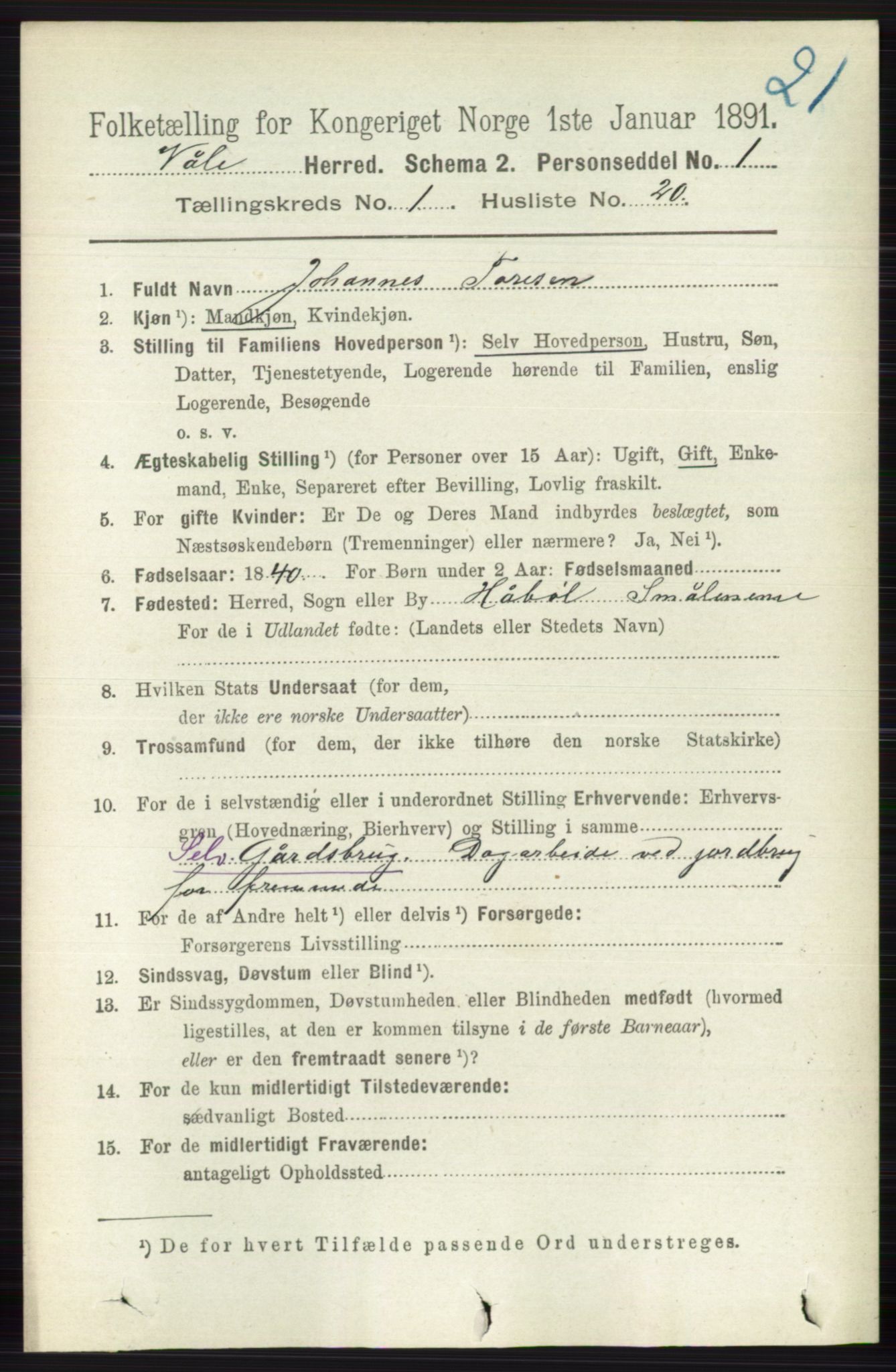RA, 1891 census for 0716 Våle, 1891, p. 209