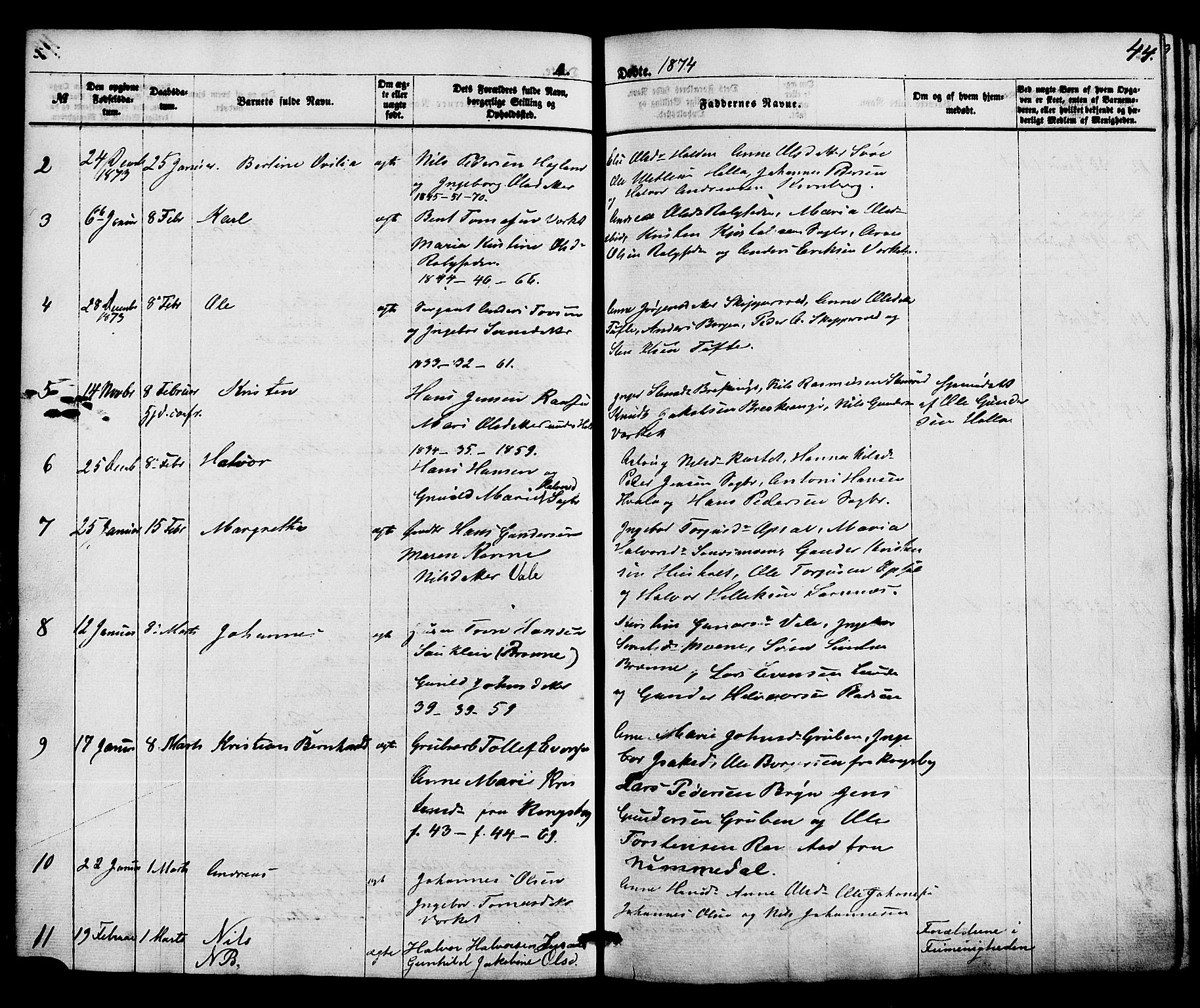 Holla kirkebøker, SAKO/A-272/F/Fa/L0007: Parish register (official) no. 7, 1869-1881, p. 44