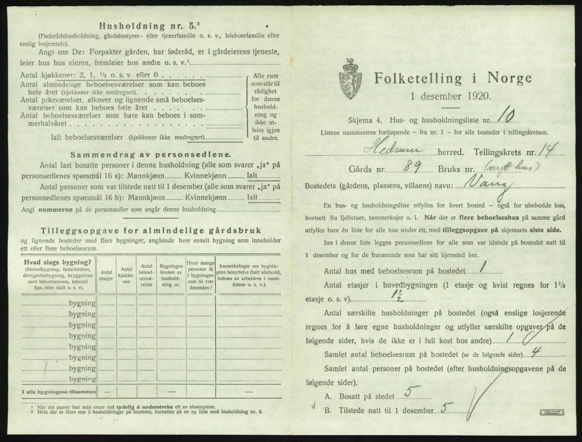 SAKO, 1920 census for Hedrum, 1920, p. 1275