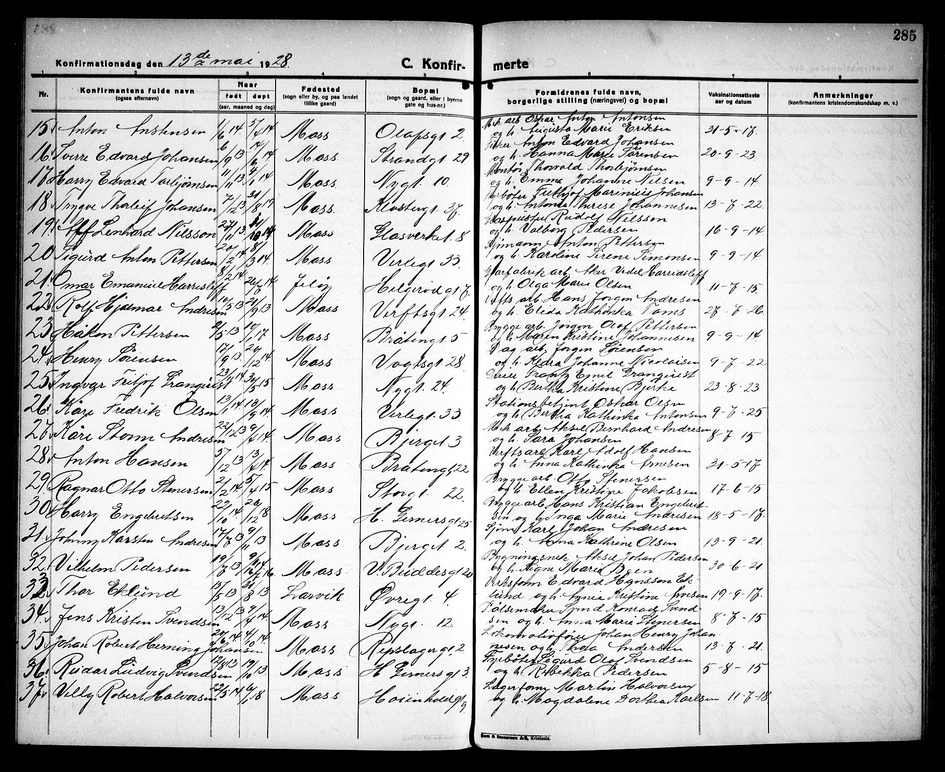 Moss prestekontor Kirkebøker, AV/SAO-A-2003/G/Ga/L0009: Parish register (copy) no. I 9, 1924-1937, p. 285